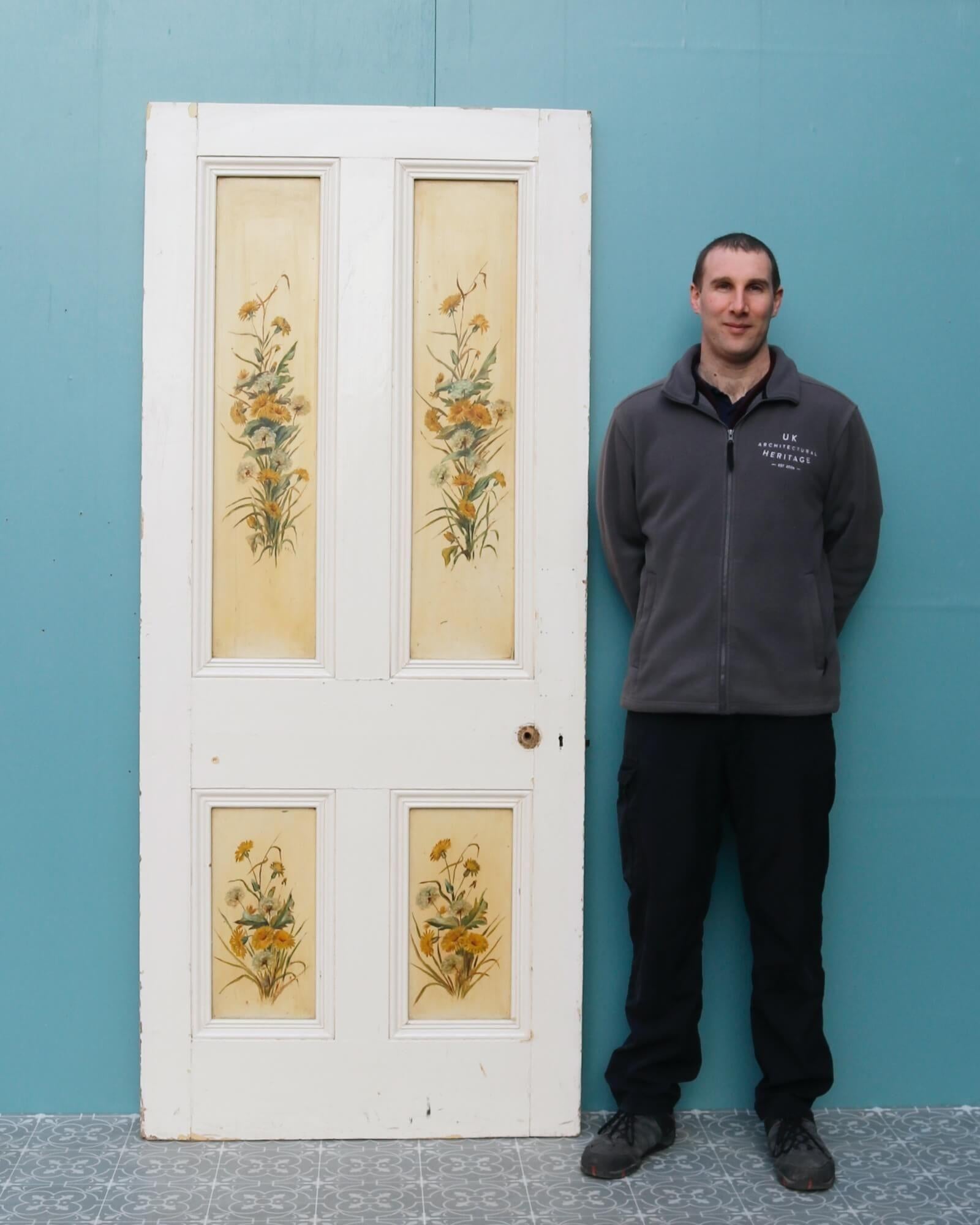 Dating from the late 19th century, this Victorian 4-panel internal door is beautifully hand-painted on one side with dandelions and foliage. While doors are often easily overlooked, this antique English internal door will certainly not pass by