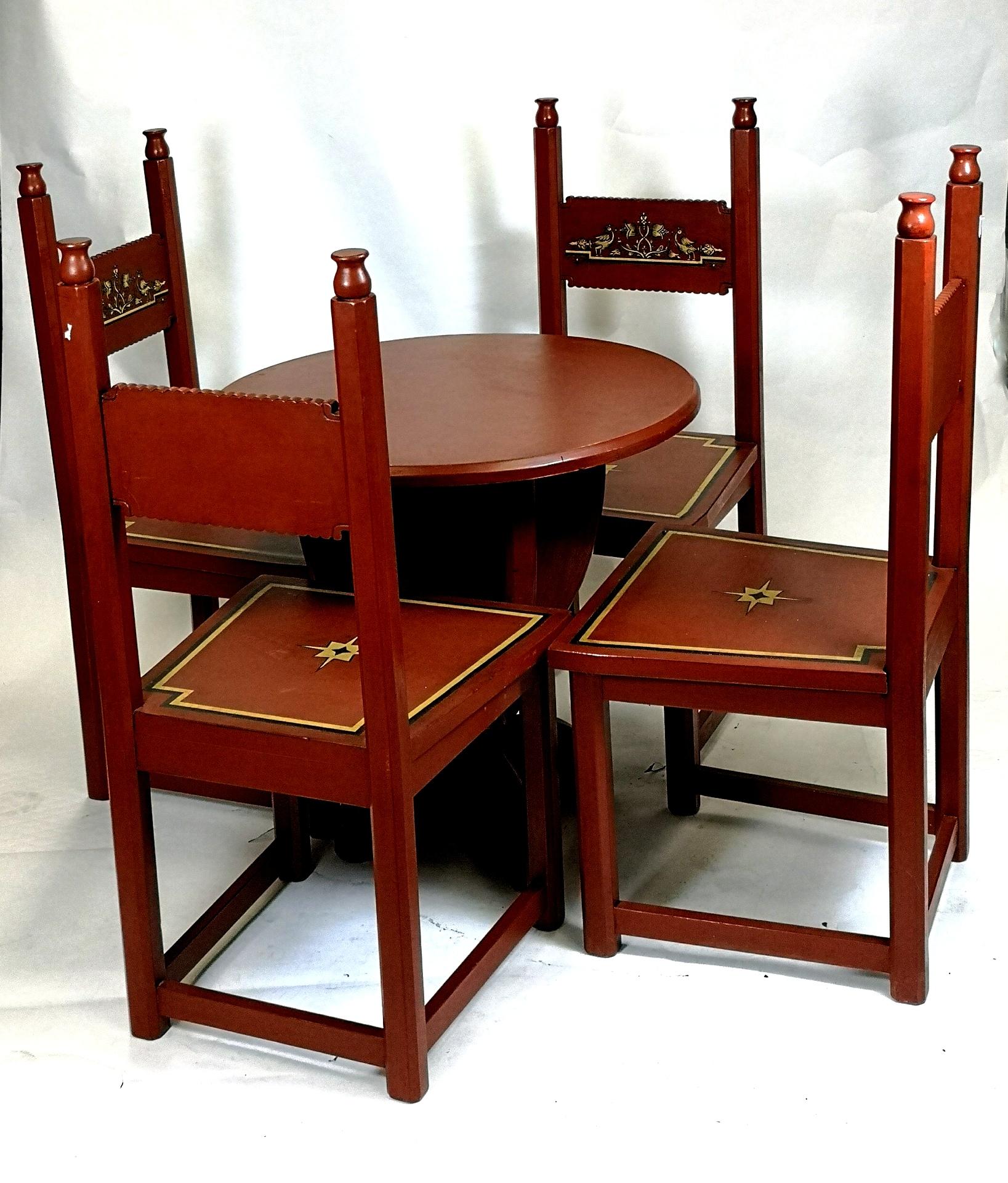 This Hungarian, Art Deco piece is a hand painted, handmade wooden dining table, with matching four chairs. From the 1930s, in good condition.