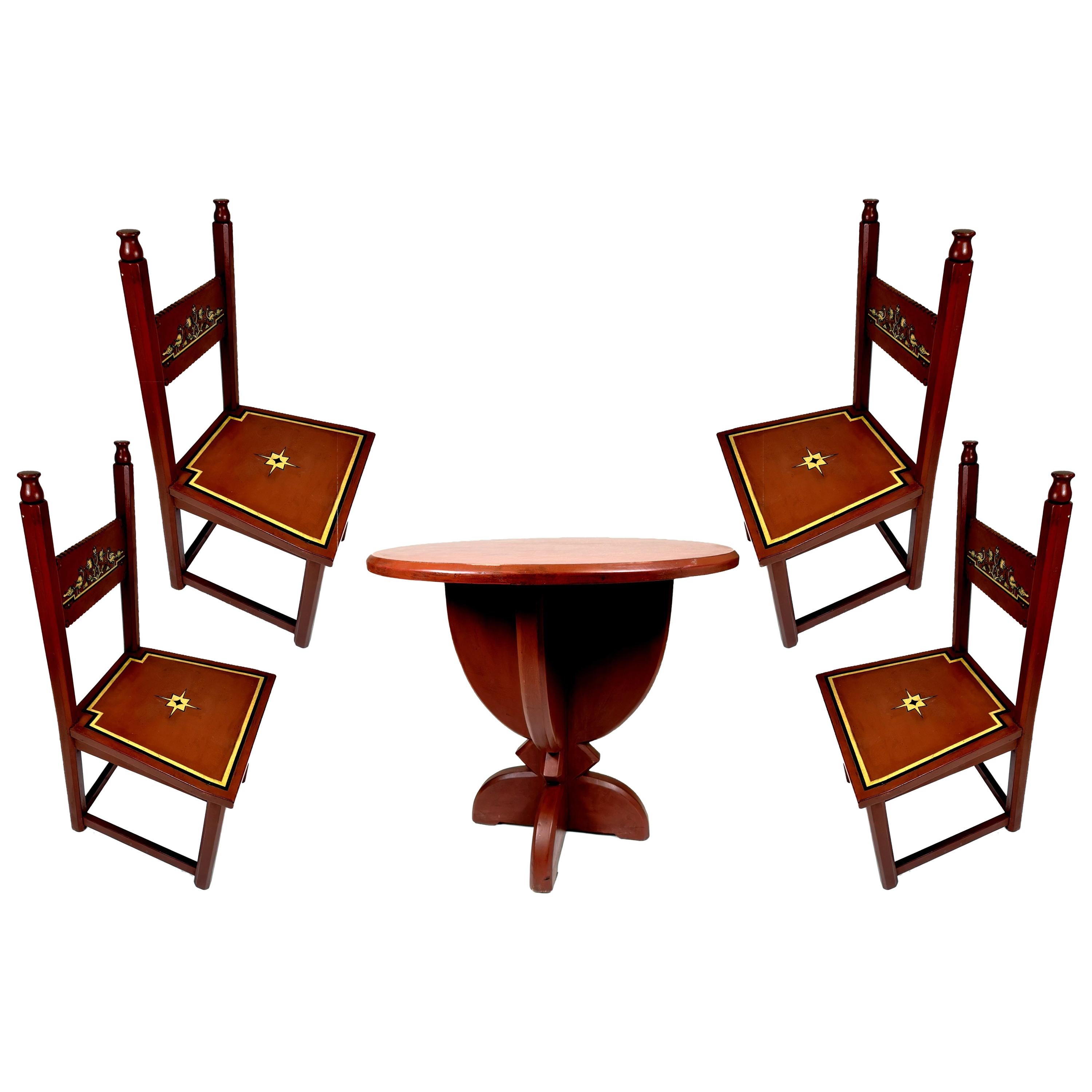 Hand Painted Art Deco Dining Set with Four Chairs, 1930s