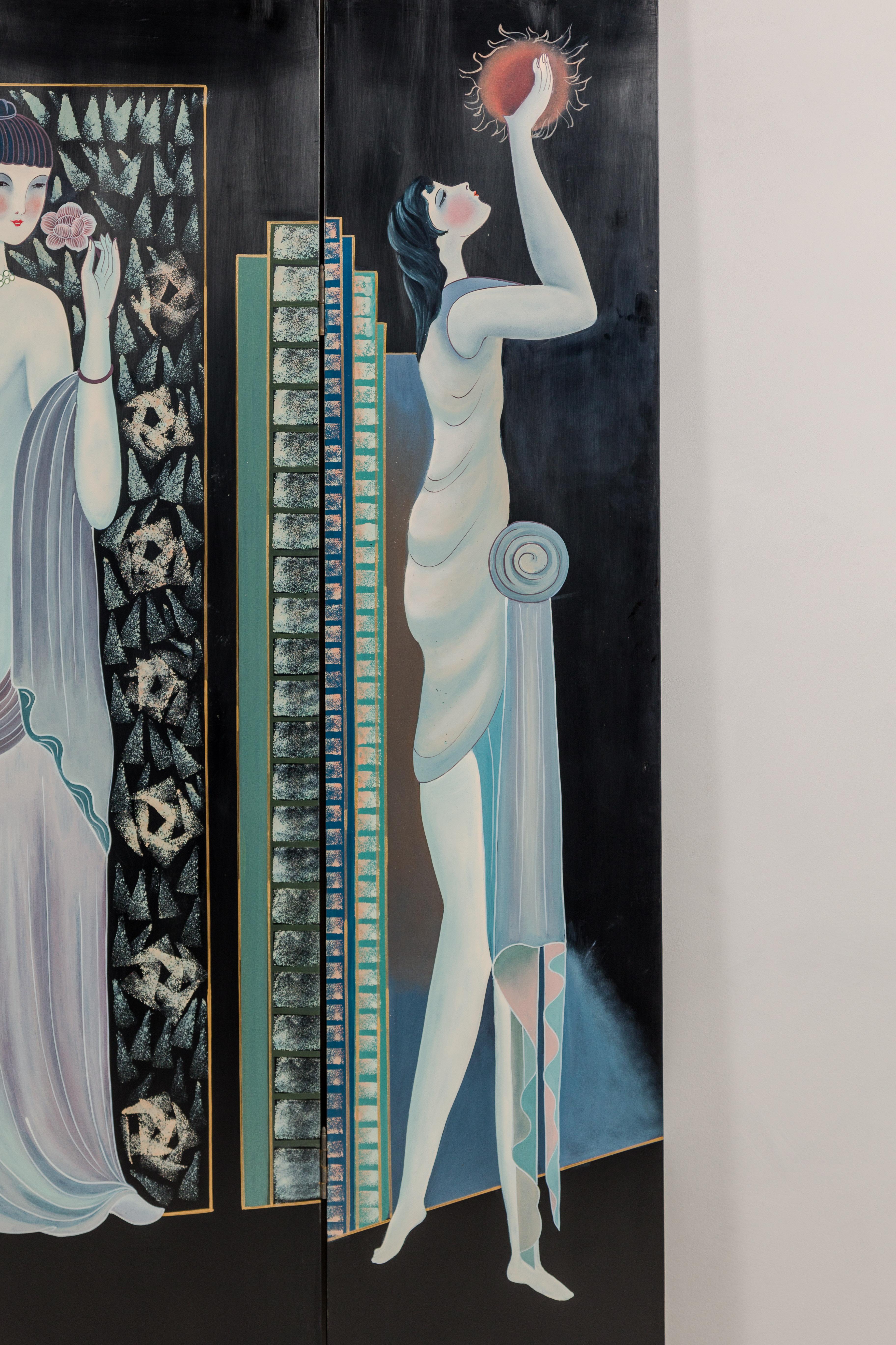 Hand-Painted Art Deco Inspired Four-Panel Screen with Three Elegant Ladies For Sale 5