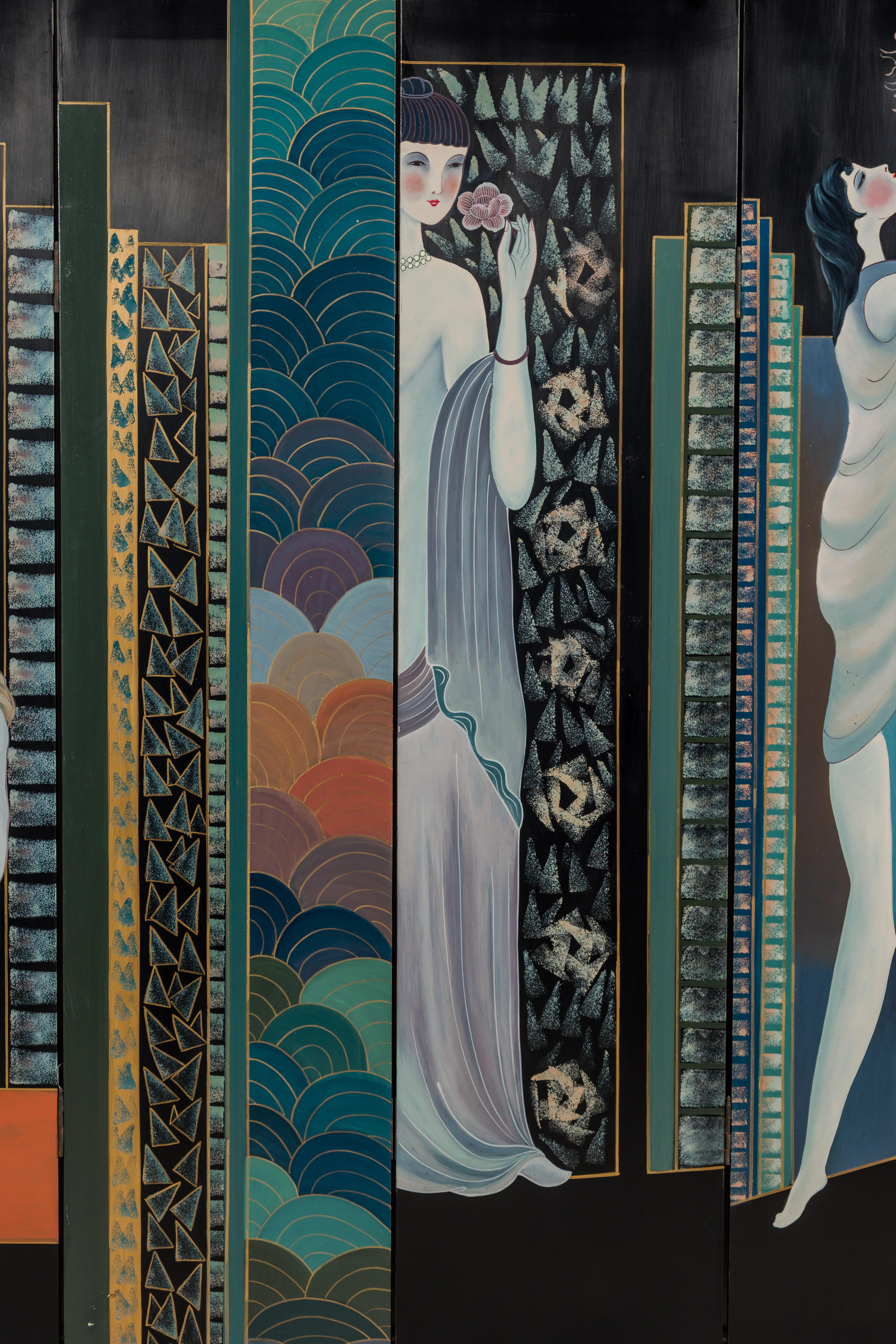 Hand-Painted Art Deco Inspired Four-Panel Screen with Three Elegant Ladies For Sale 6