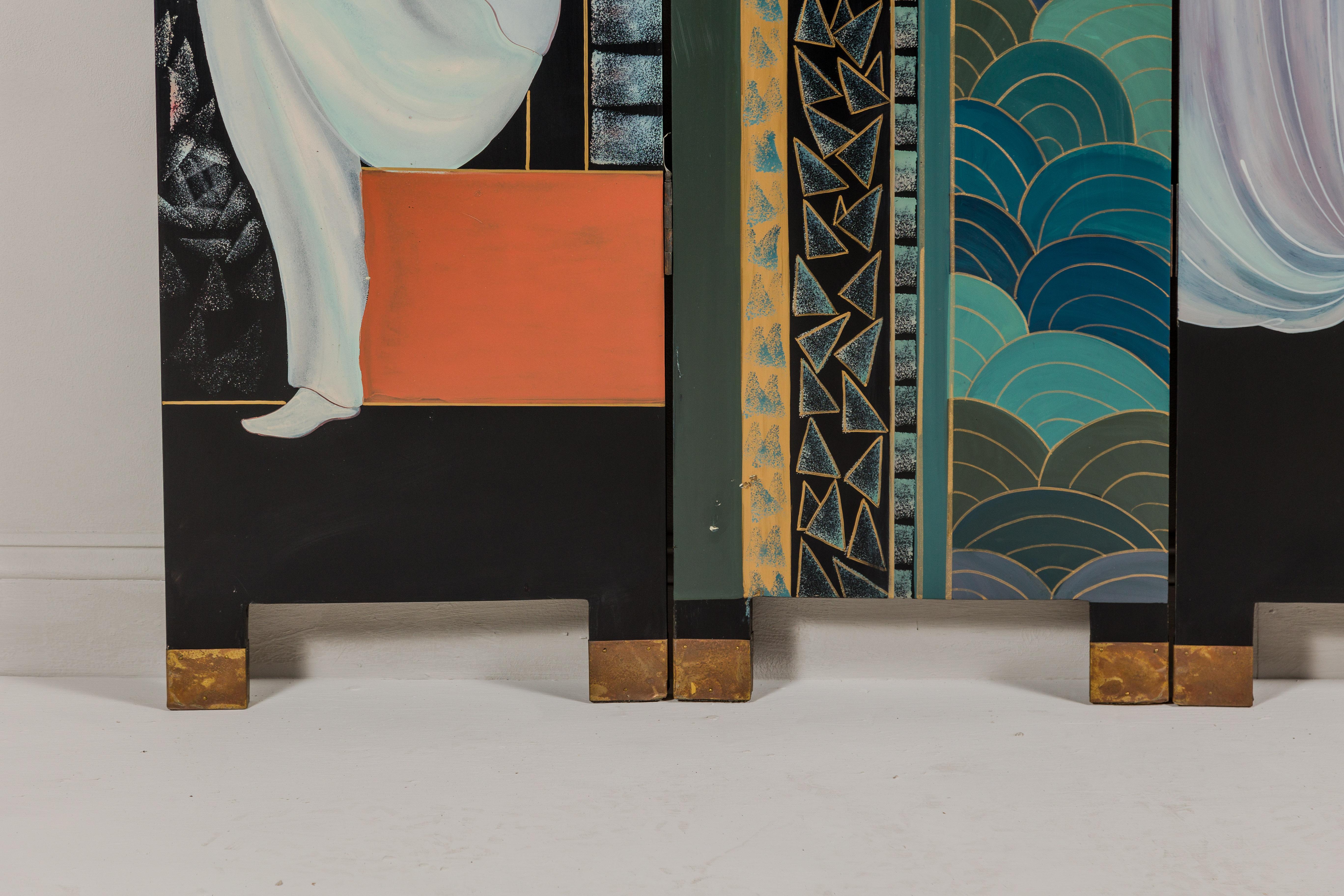 Handbemalter Art-Déco-inspirierter vierteiliger Art-Déco-Raumteiler mit drei eleganten Damen im Angebot 6