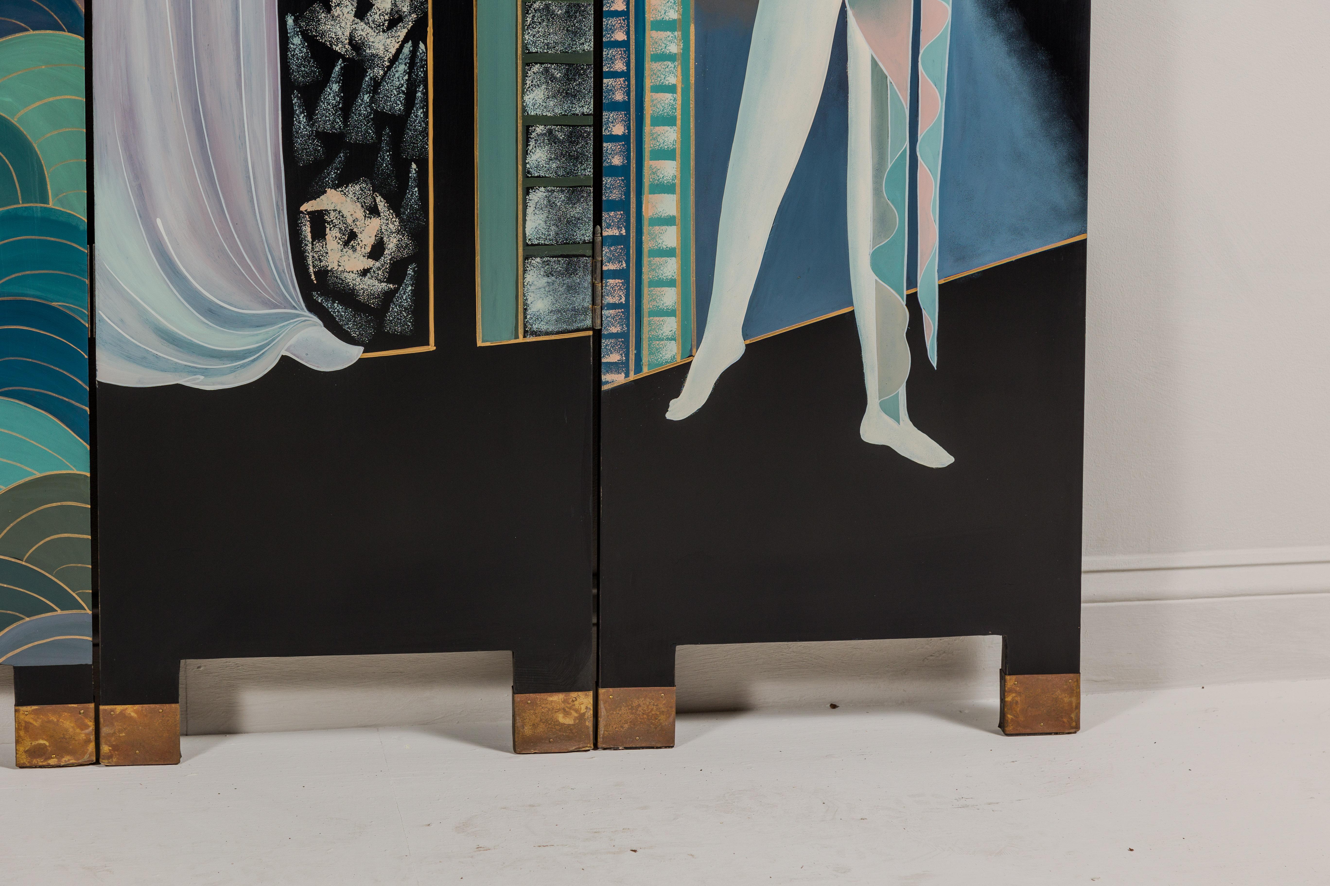 Hand-Painted Art Deco Inspired Four-Panel Screen with Three Elegant Ladies For Sale 8