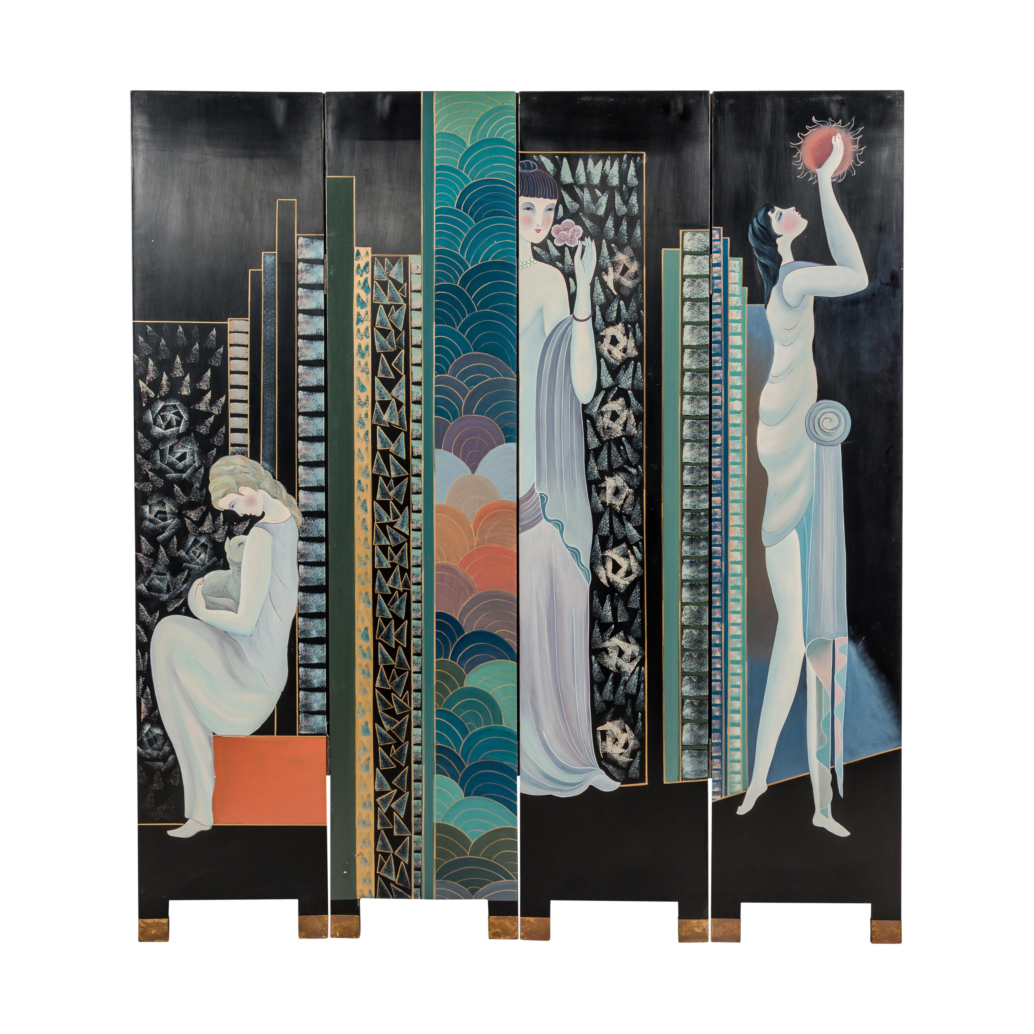 Hand-Painted Art Deco Inspired Four-Panel Screen with Three Elegant Ladies For Sale 13
