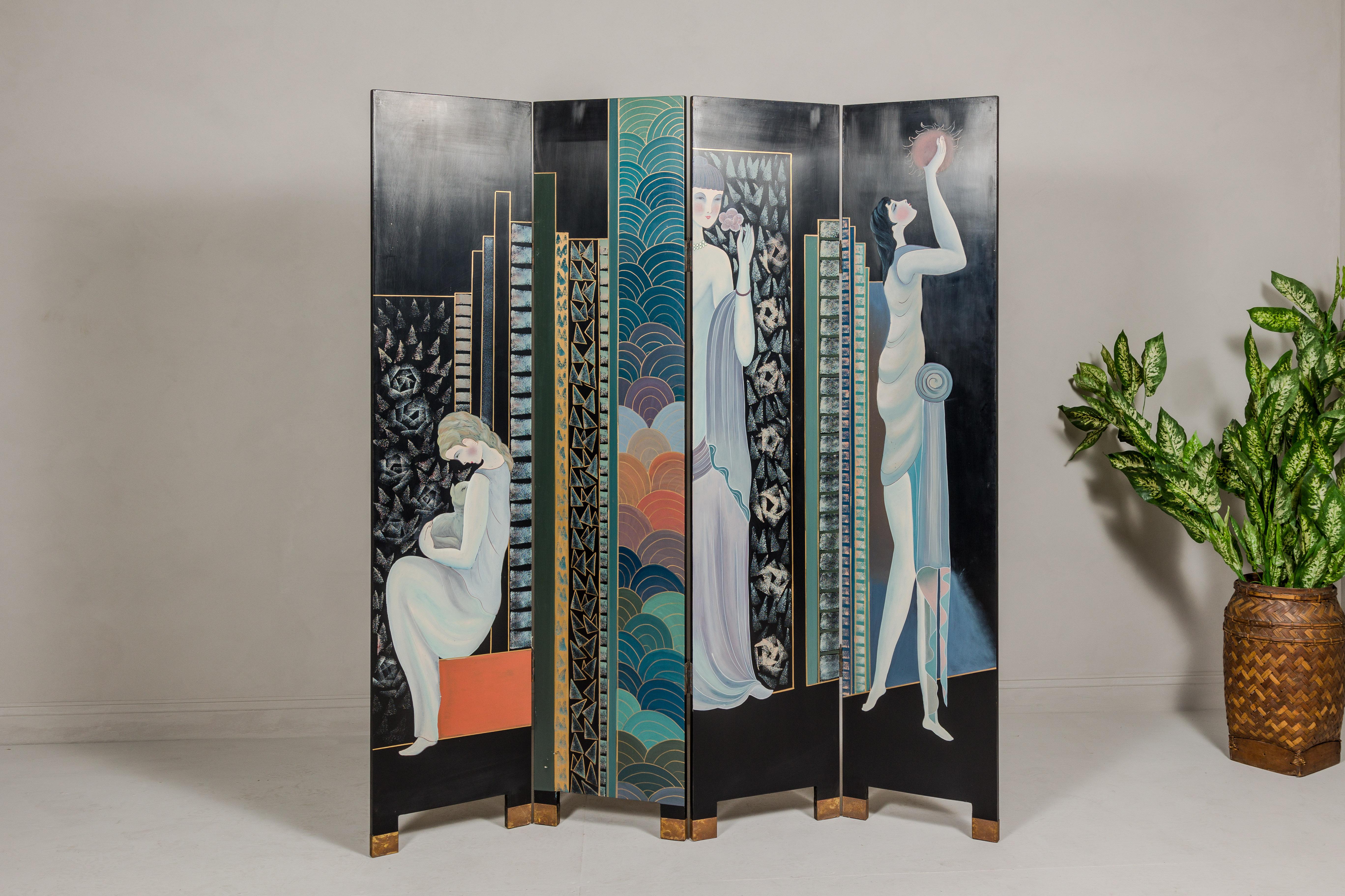 A vintage hand-painted wooden four-panel screen from the mid 20th century with Art Deco inspired décor. Immerse yourself in the captivating charm of the 1920s with this exquisite vintage hand-painted wooden four-panel screen, a masterpiece that