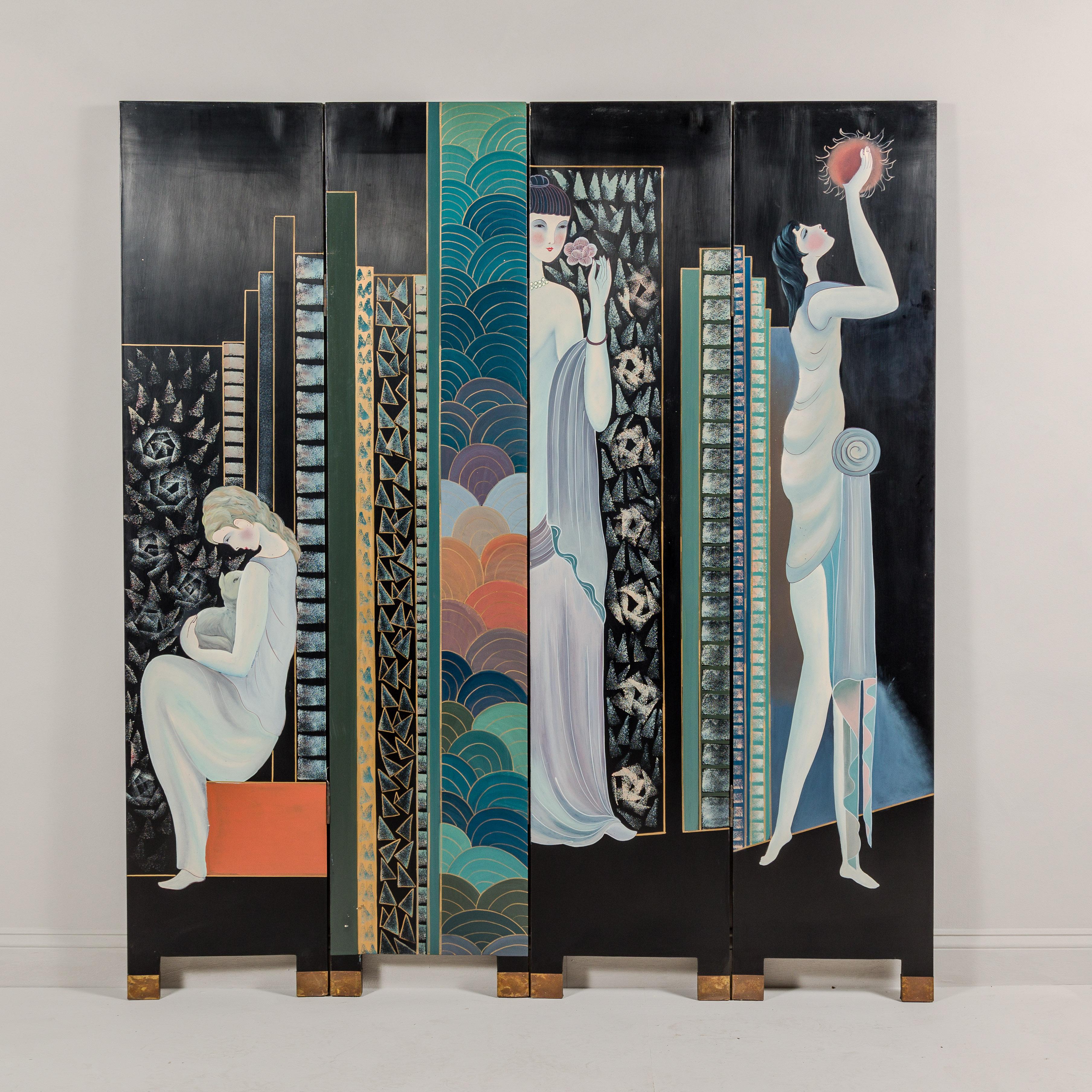 Hand-Painted Art Deco Inspired Four-Panel Screen with Three Elegant Ladies In Good Condition For Sale In Yonkers, NY
