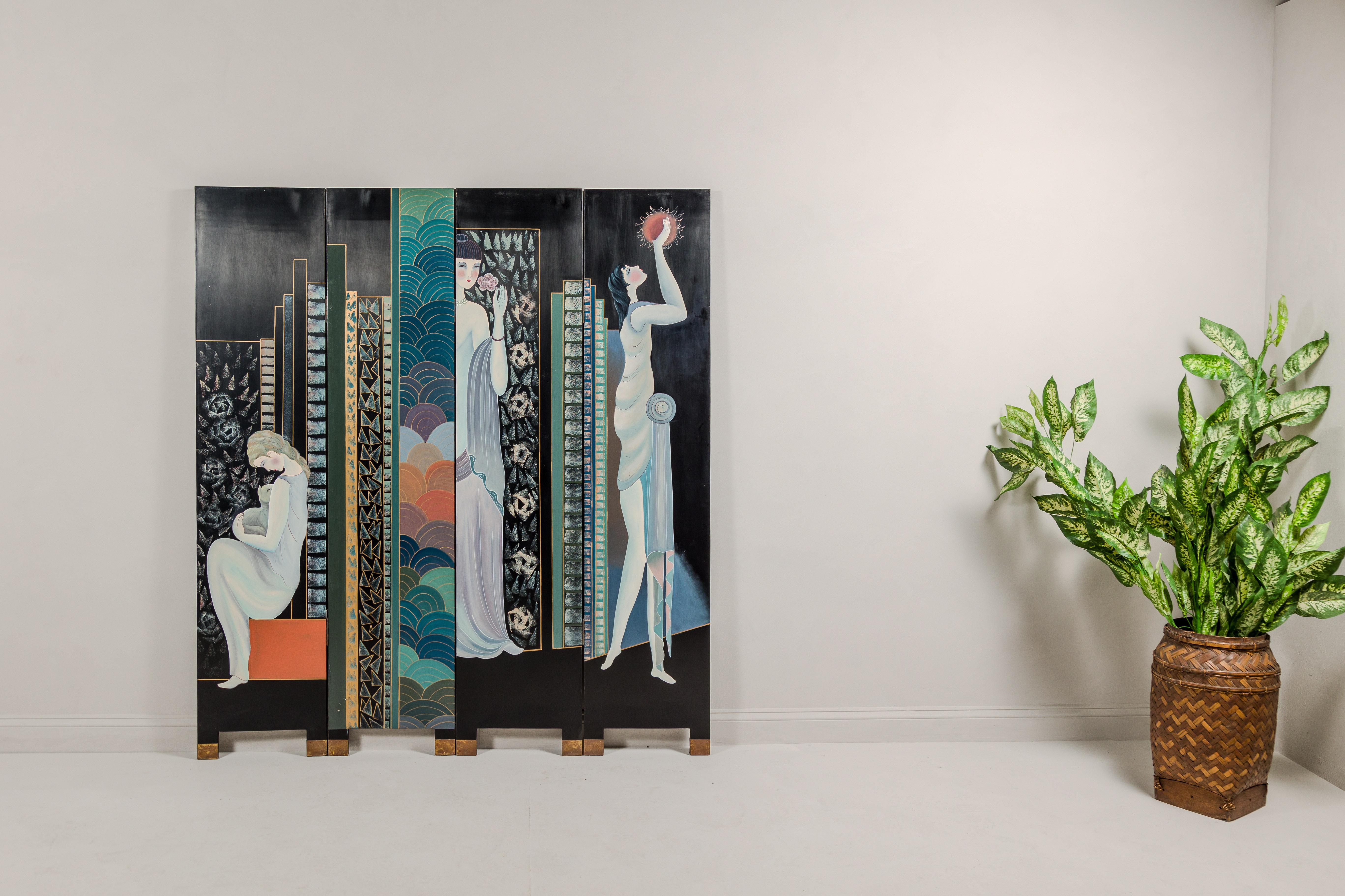 20th Century Hand-Painted Art Deco Inspired Four-Panel Screen with Three Elegant Ladies For Sale