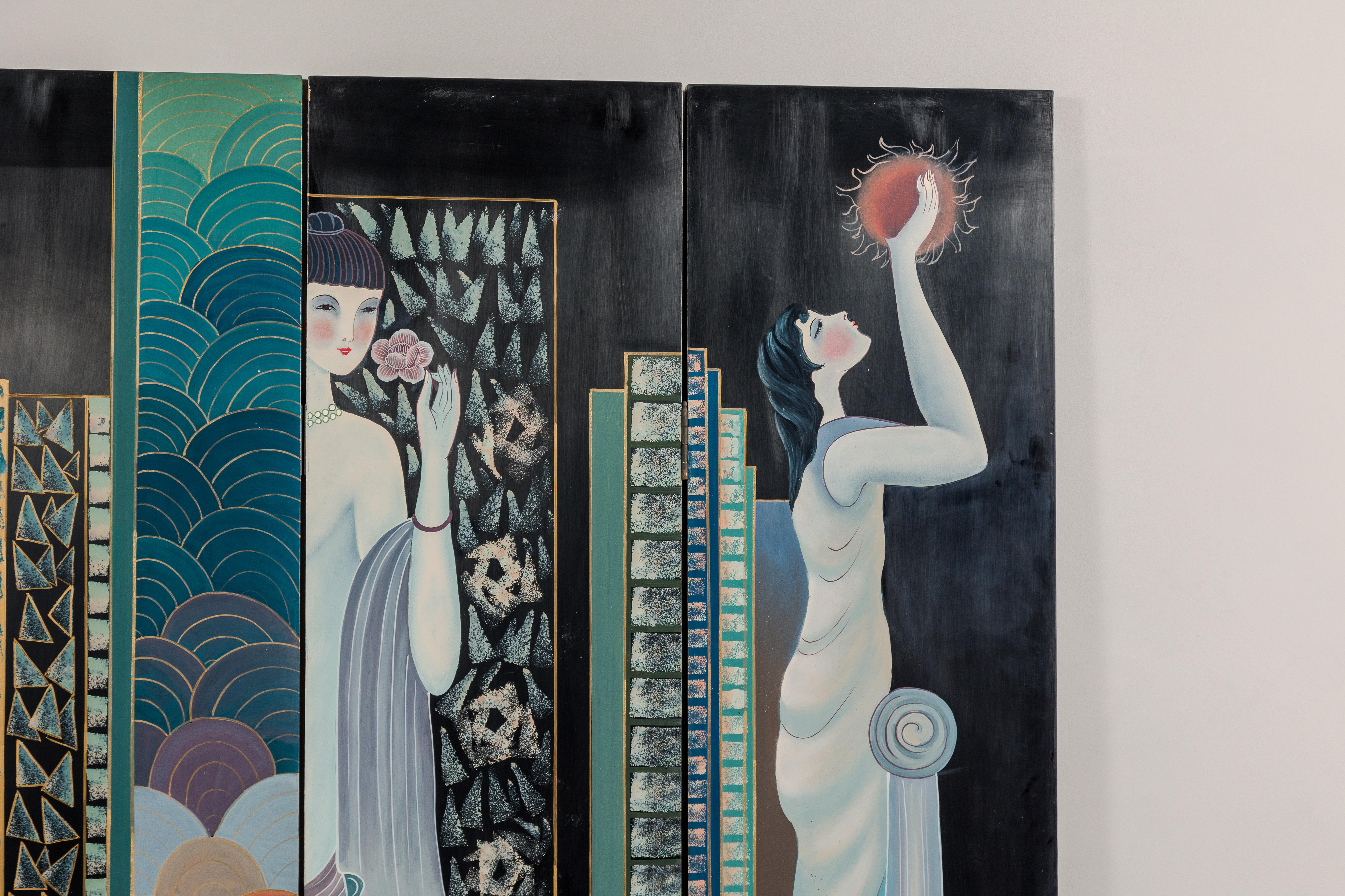 Hand-Painted Art Deco Inspired Four-Panel Screen with Three Elegant Ladies For Sale 1