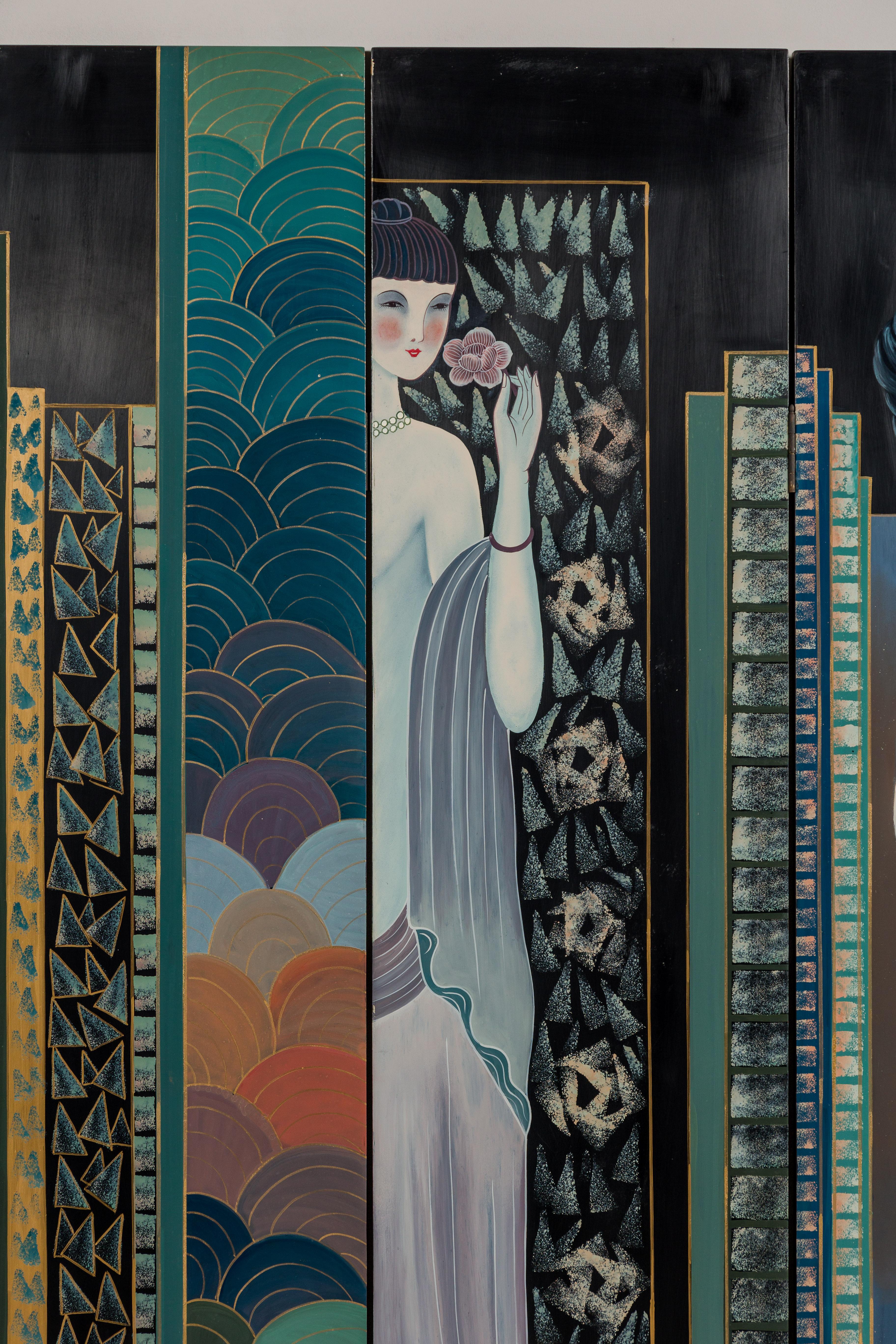 Hand-Painted Art Deco Inspired Four-Panel Screen with Three Elegant Ladies For Sale 3