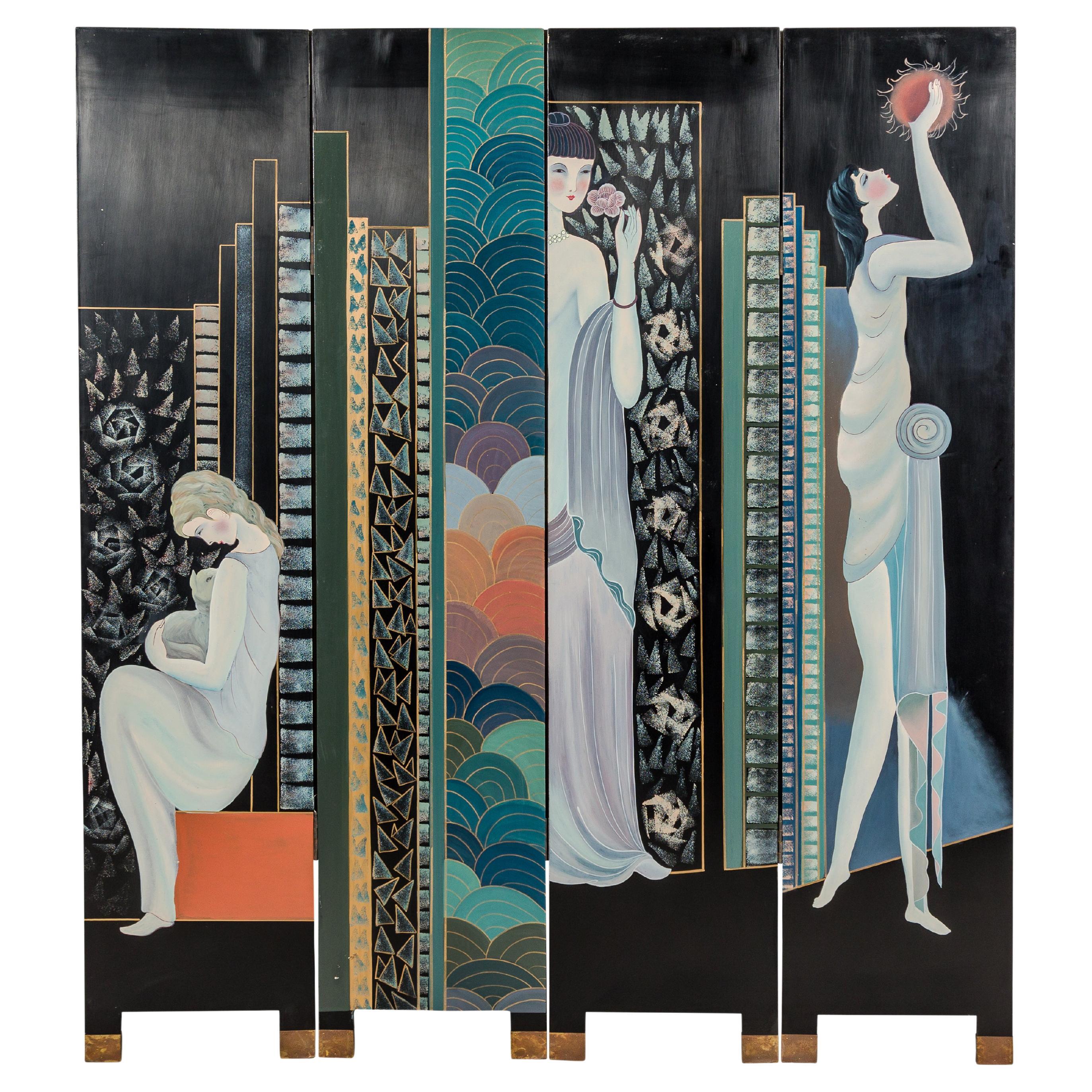 Hand-Painted Art Deco Inspired Four-Panel Screen with Three Elegant Ladies For Sale