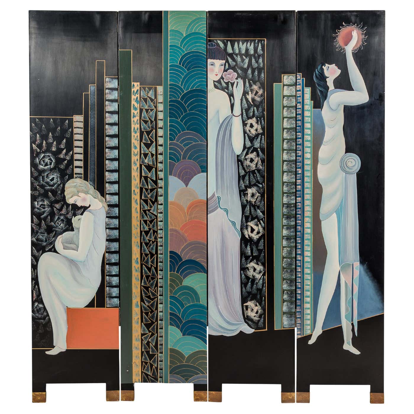 Hand-Painted Art Deco Inspired Four-Panel Screen with Three Elegant ...