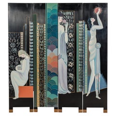 Hand-Painted Art Deco Inspired Four-Panel Screen with Three Elegant Ladies