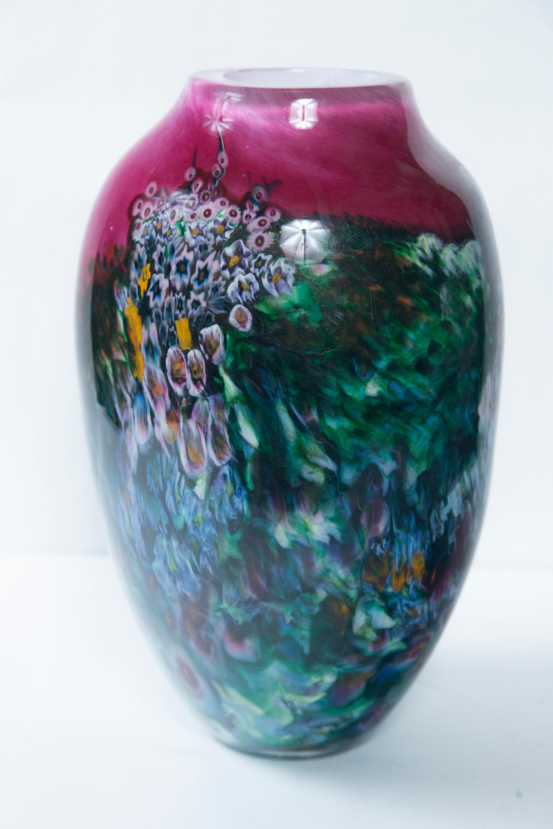 American Hand Painted Art Glass Vase, Signed and Dated For Sale