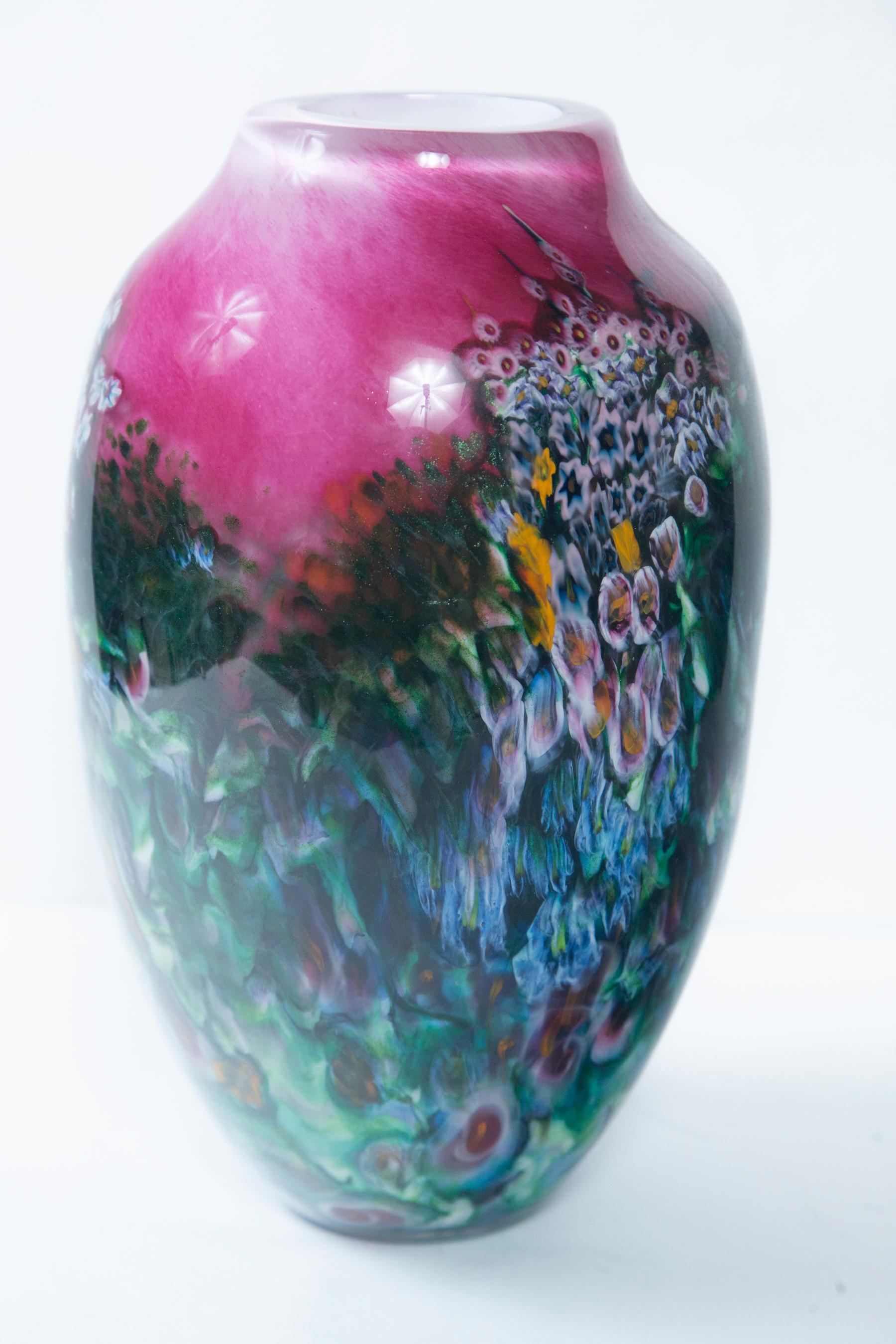 Hand-Painted Hand Painted Art Glass Vase, Signed and Dated For Sale
