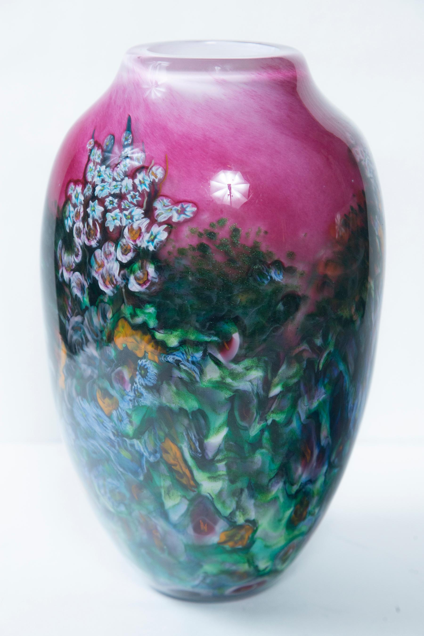 Hand Painted Art Glass Vase, Signed and Dated In Excellent Condition For Sale In Woodbury, CT