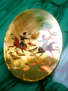 Hand Painted Artisan Mother of Pearl Warrior Scene Brooch c 1960
