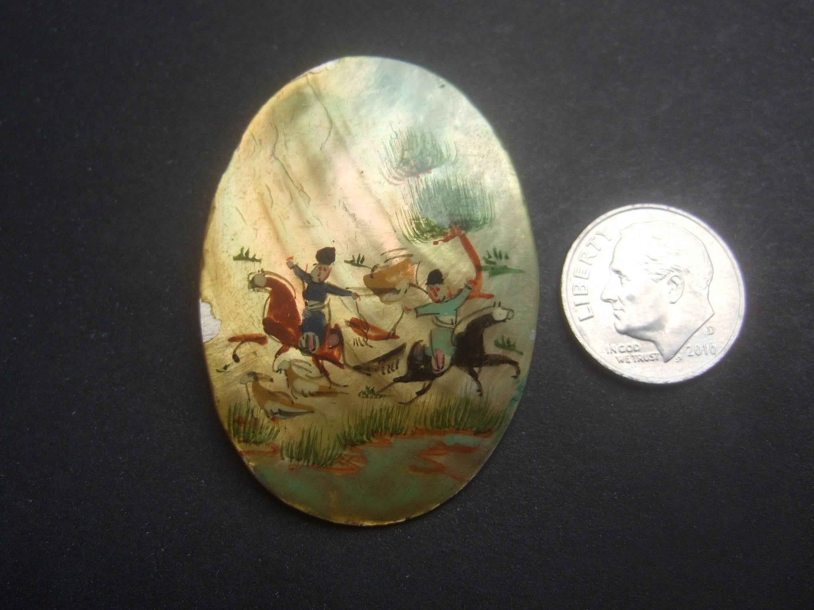 Hand Painted Artisan Mother of Pearl Warrior Scene Brooch c 1960 For Sale 1