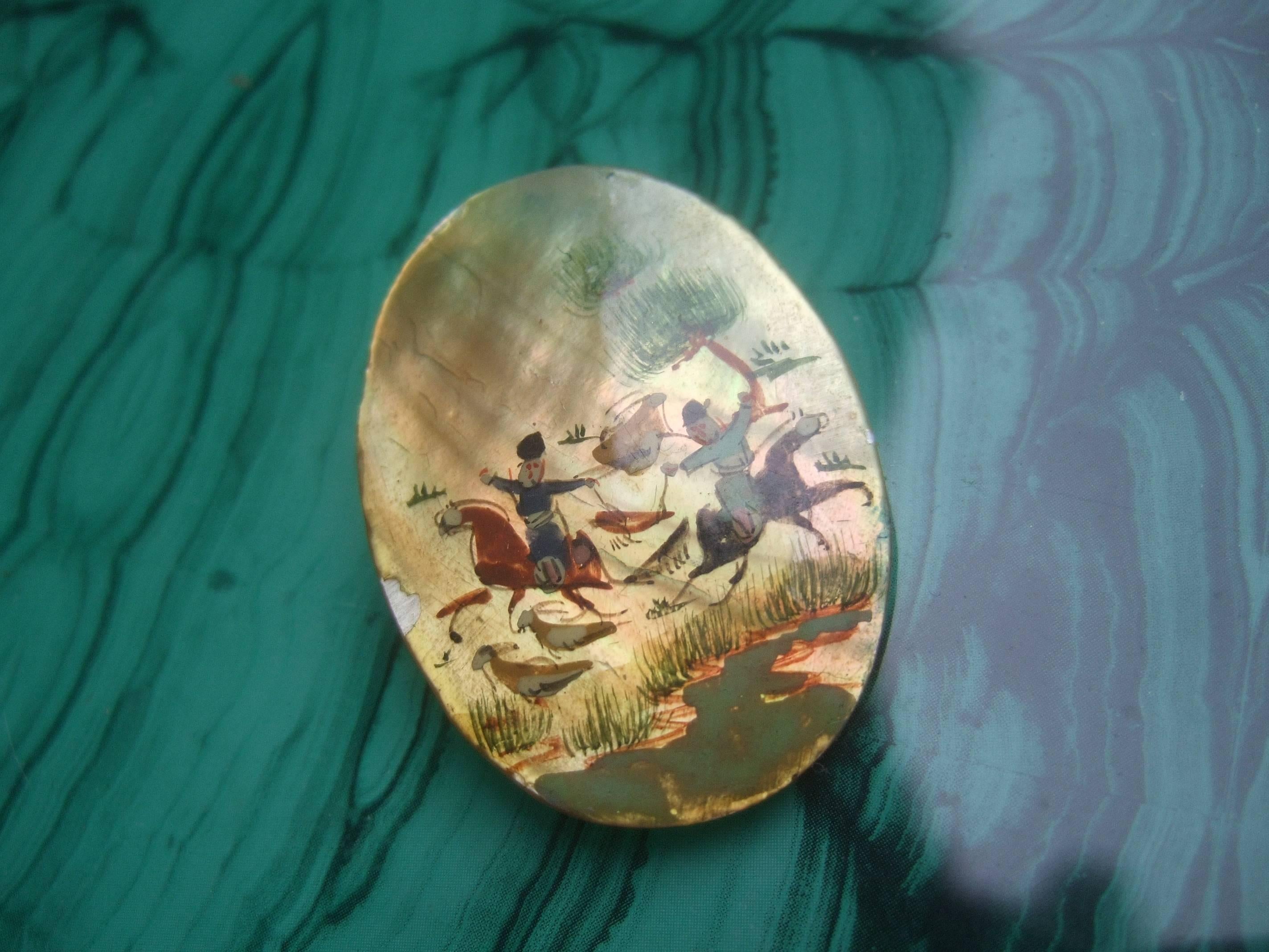 Hand Painted Artisan Mother of Pearl Warrior Scene Brooch c 1960 For Sale 2
