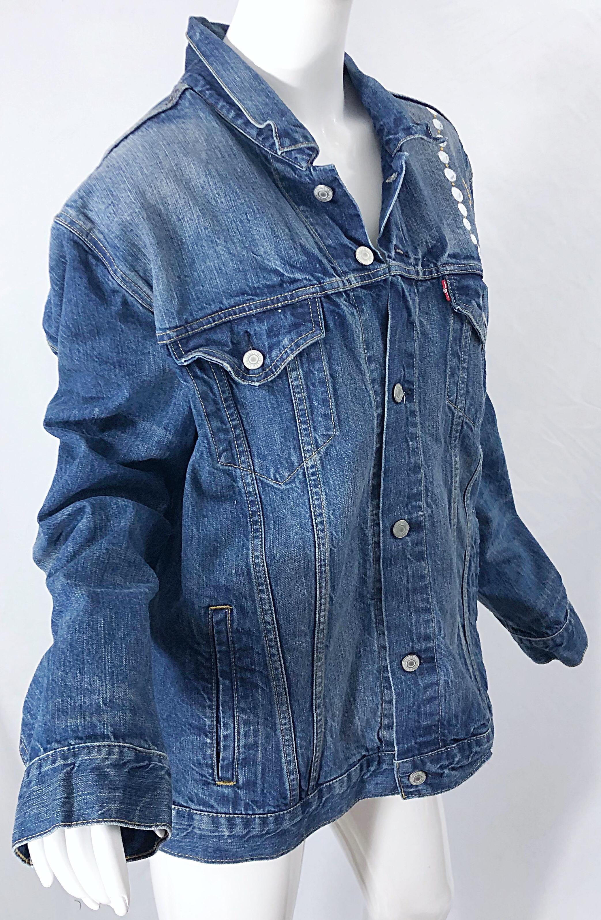 Pintado a mano Artista Ángel Alas Perlas OOAK Vintage Denim Azul Chaqueta Jean L/ XL 7