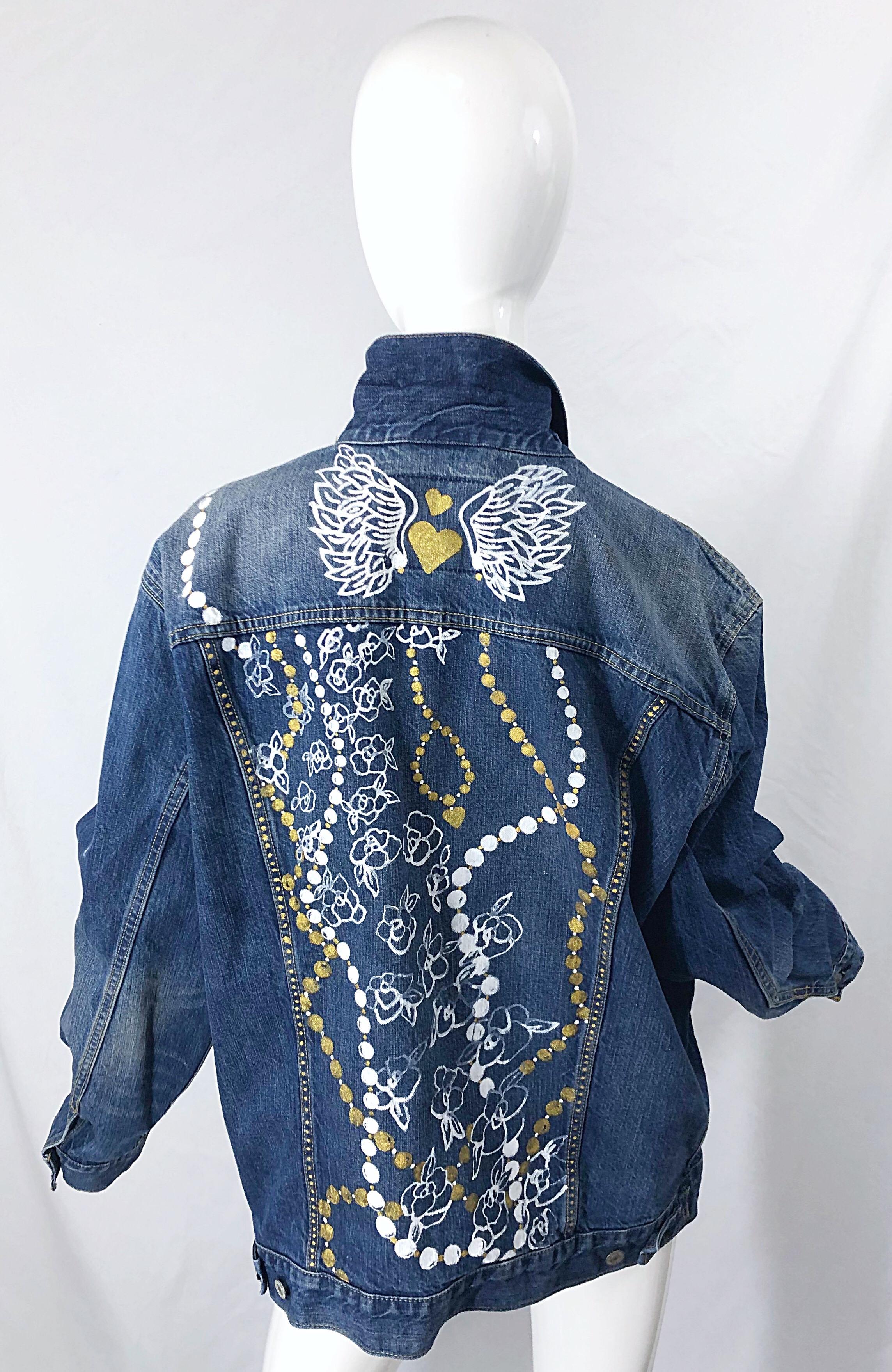 Hand Painted Artist Angel Wings Pearls OOAK Vintage Denim Blue Jean Jacket L/ XL 10