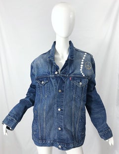 Hand Painted Artist Angel Wings Pearls OOAK Vintage Denim Blue Jean Jacket L/ XL