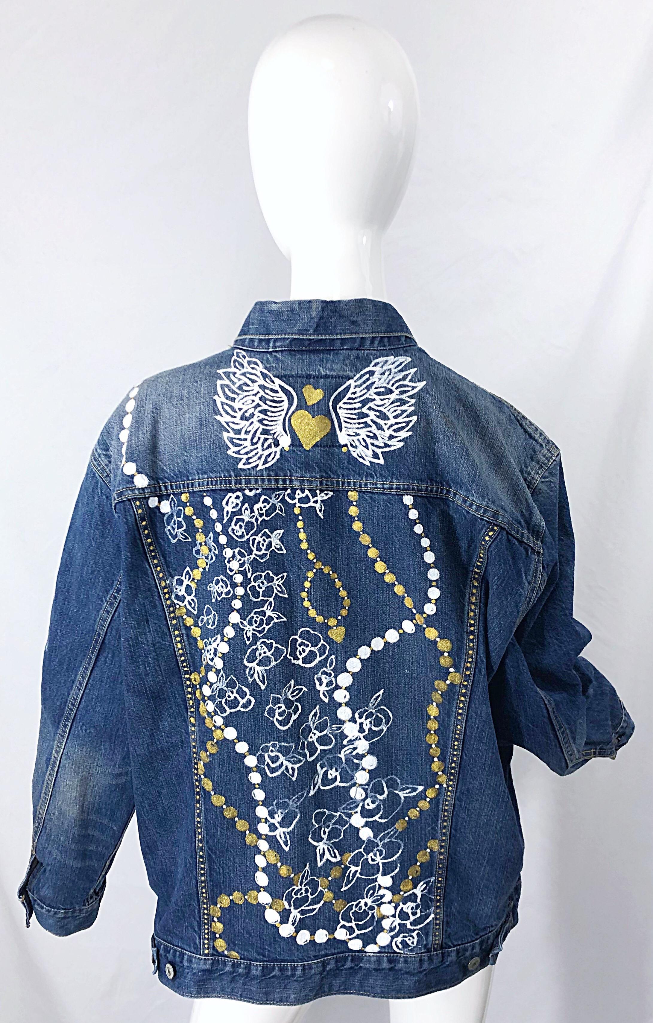 Hand Painted Artist Angel Wings Pearls OOAK Vintage Denim Blue Jean Jacket L/ XL 1