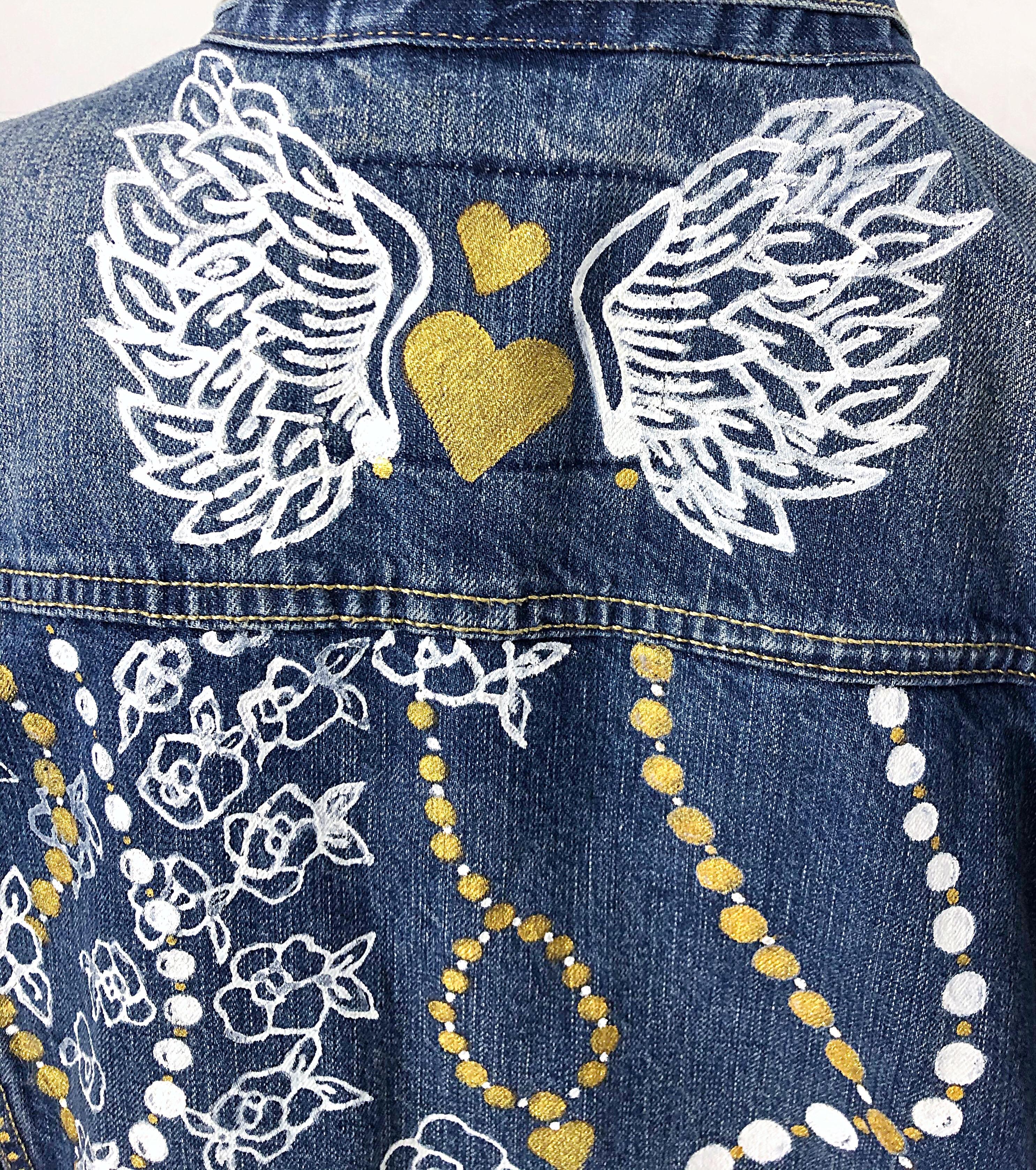 Hand Painted Artist Angel Wings Pearls OOAK Vintage Denim Blue Jean Jacket L/ XL 2