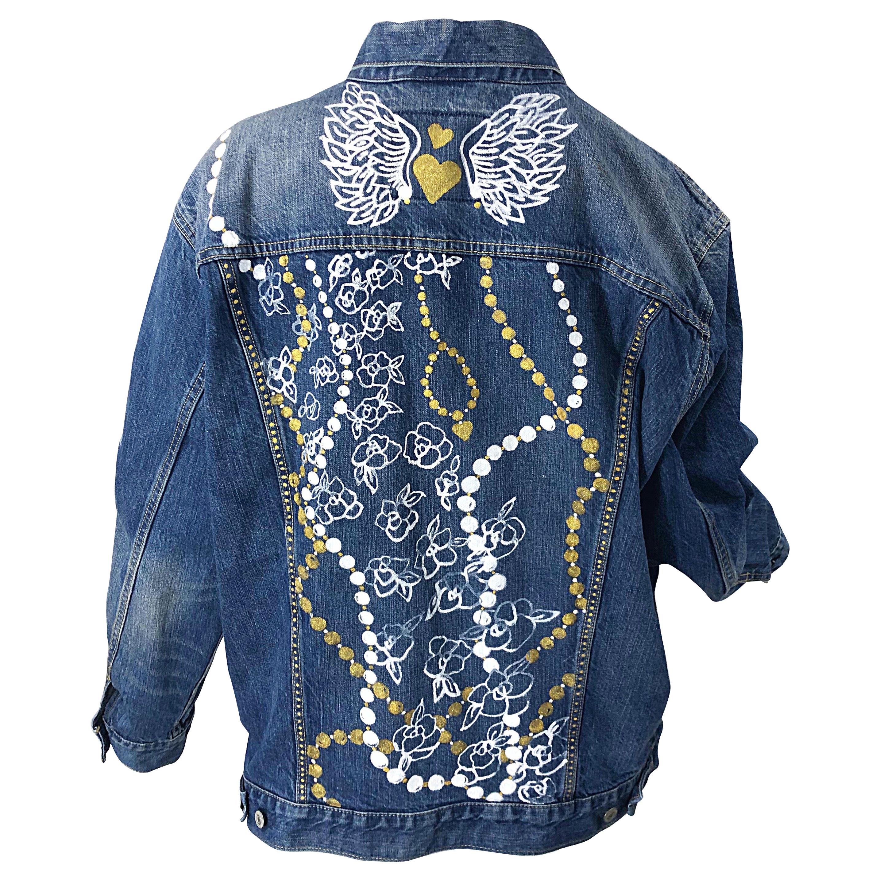 Hand Painted Artist Angel Wings Pearls OOAK Vintage Denim Blue Jean Jacket L/ XL