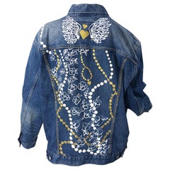 Hand Painted Artist Angel Wings Pearls OOAK Vintage Denim Blue Jean Jacket L/ XL