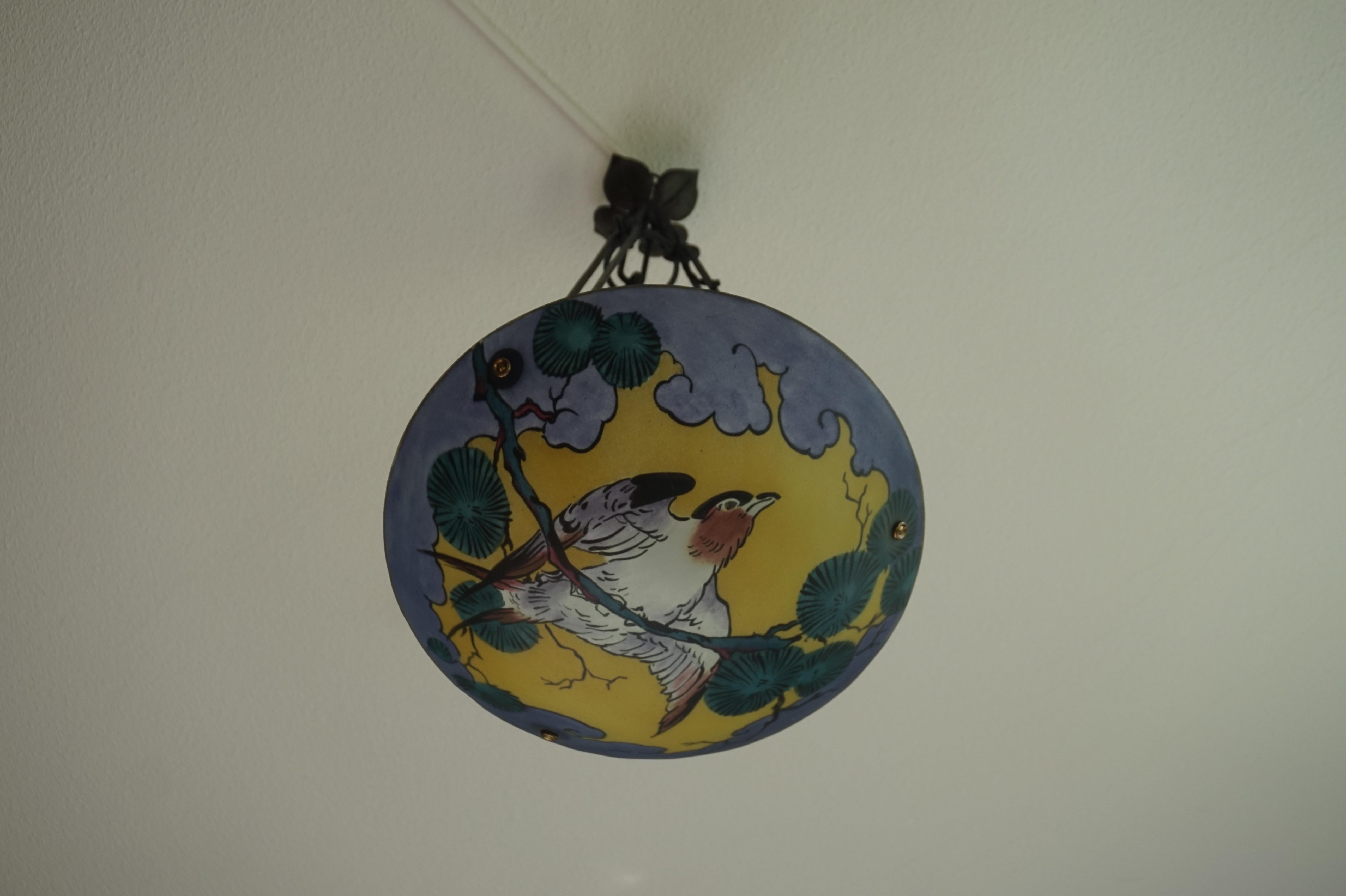 French Hand Painted Arts and Crafts Swallow & Mistletoe Pendant w. Wrought Iron Chains