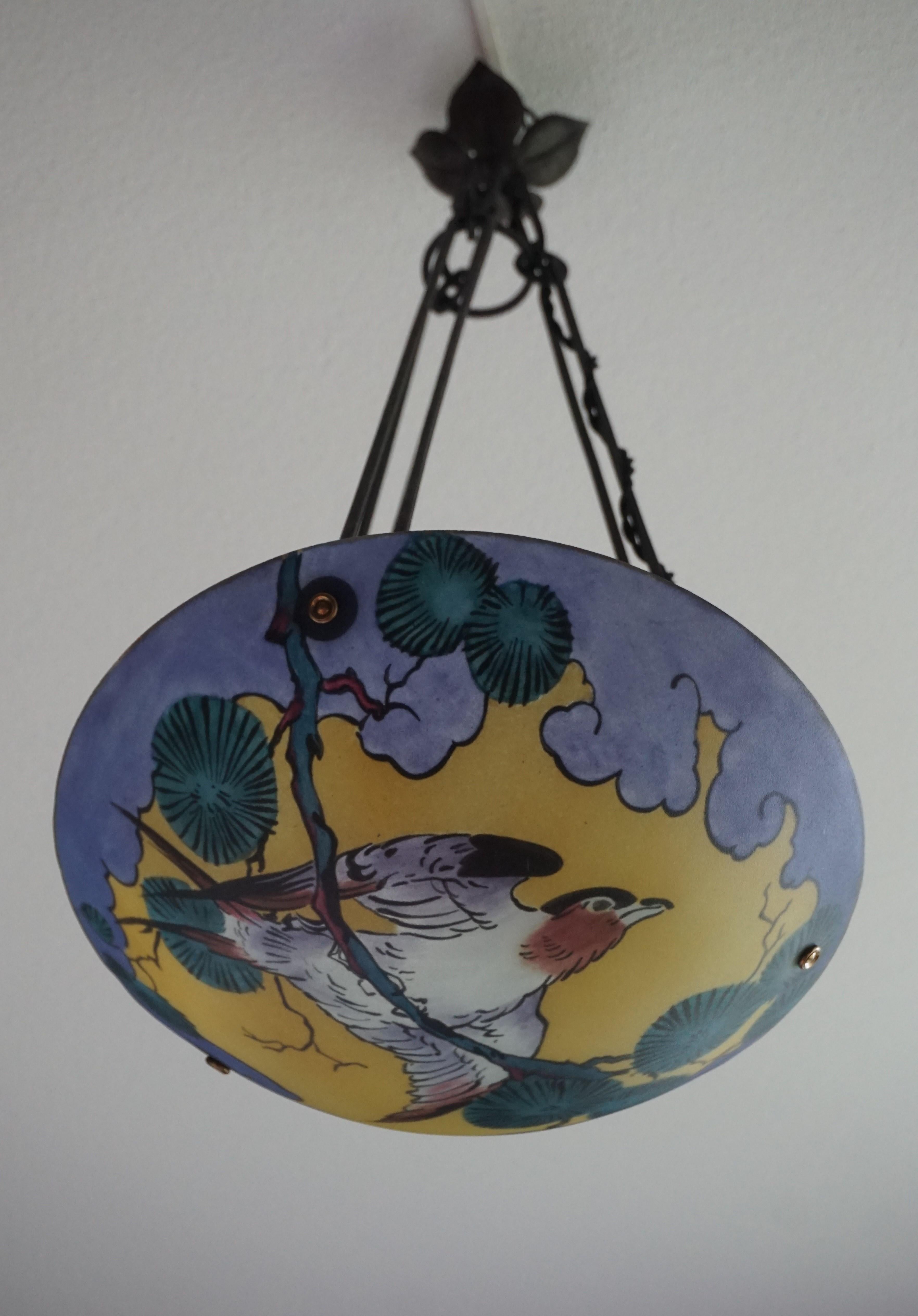 Hand Painted Arts and Crafts Swallow & Mistletoe Pendant w. Wrought Iron Chains In Excellent Condition In Lisse, NL