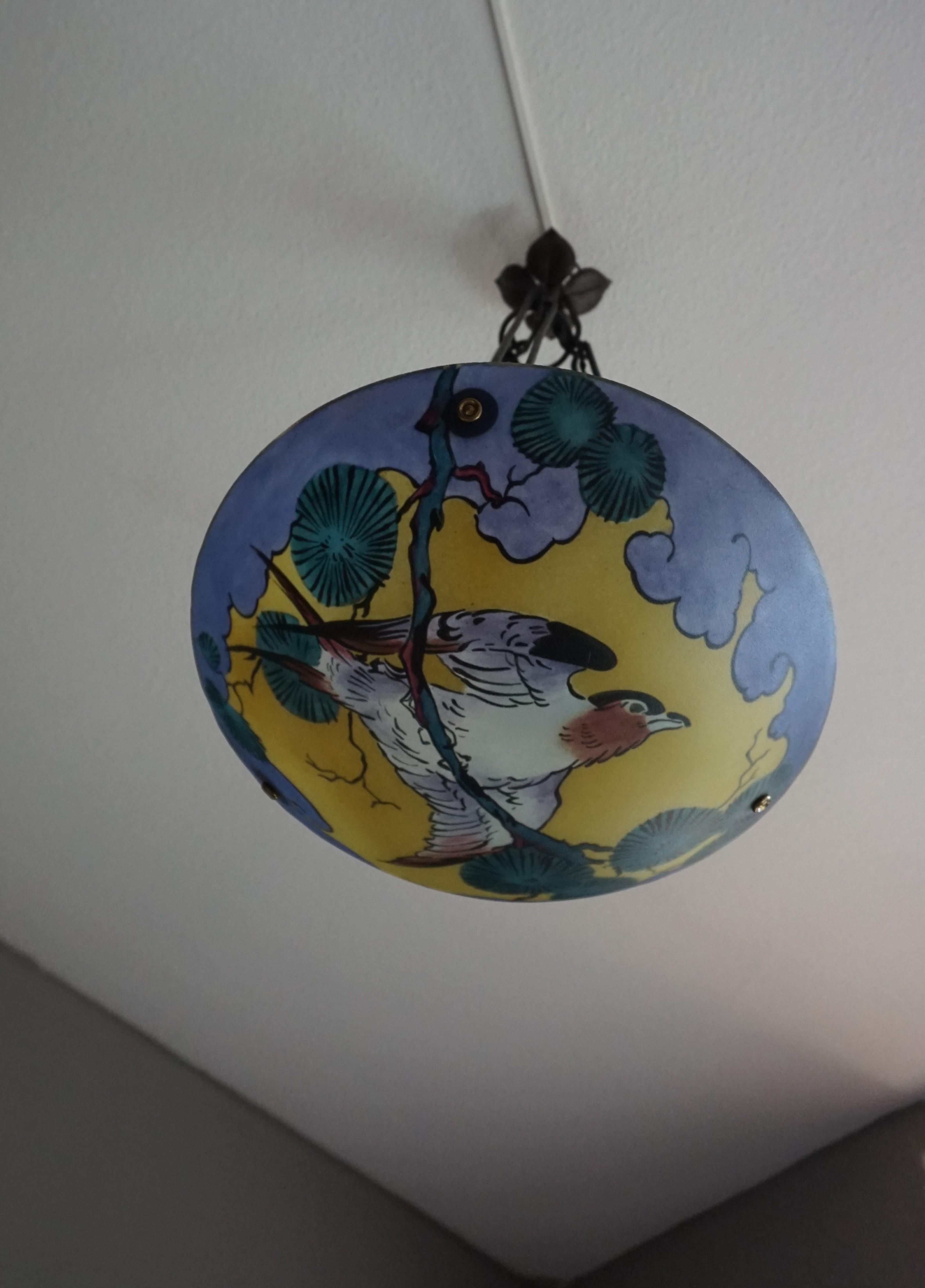 Glass Hand Painted Arts and Crafts Swallow & Mistletoe Pendant w. Wrought Iron Chains