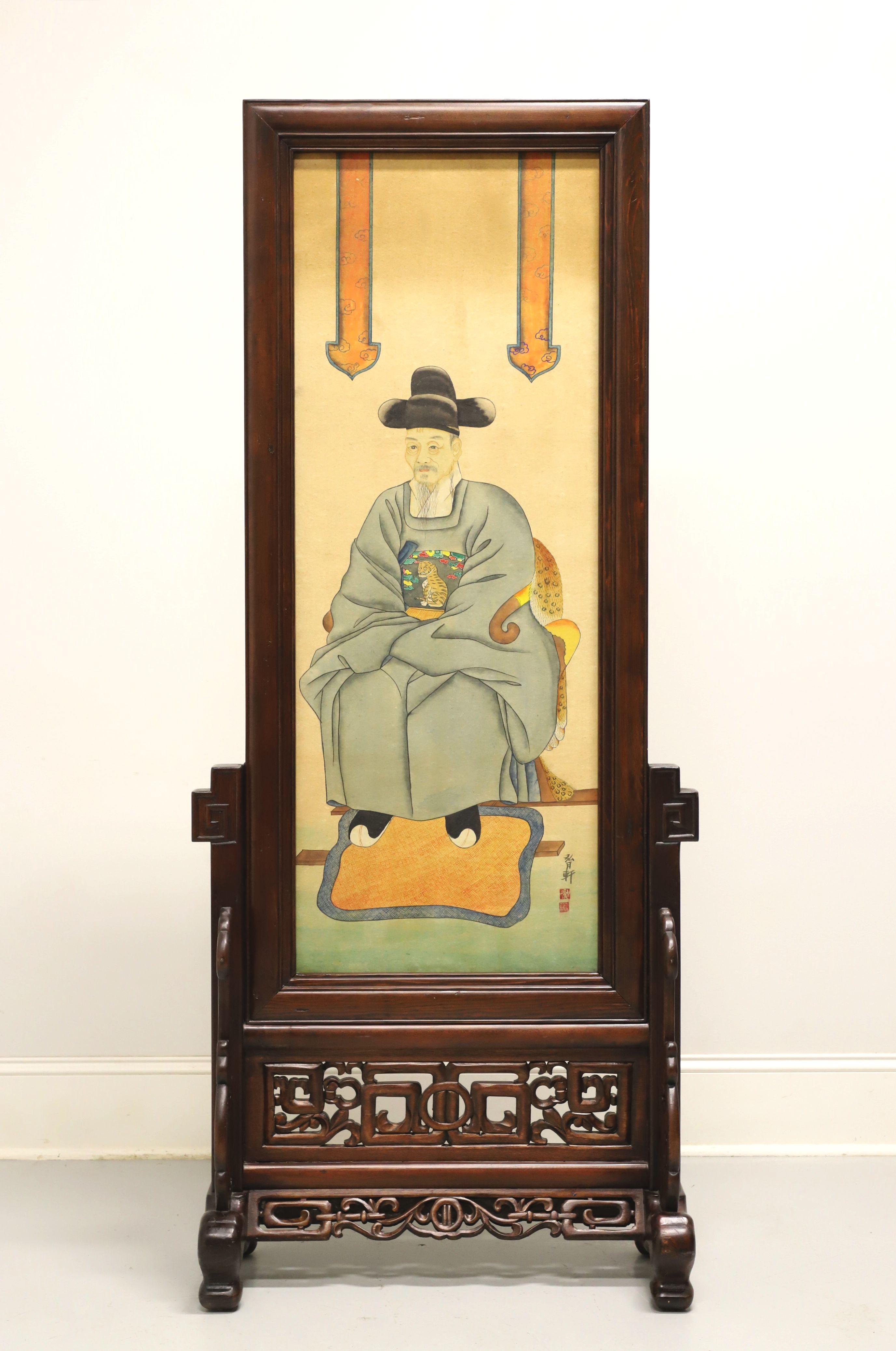 Hand Painted Asian Chinoiserie Screen on Hardwood Stand For Sale 6