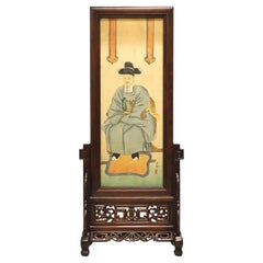 Hand Painted Asian Chinoiserie Screen on Hardwood Stand