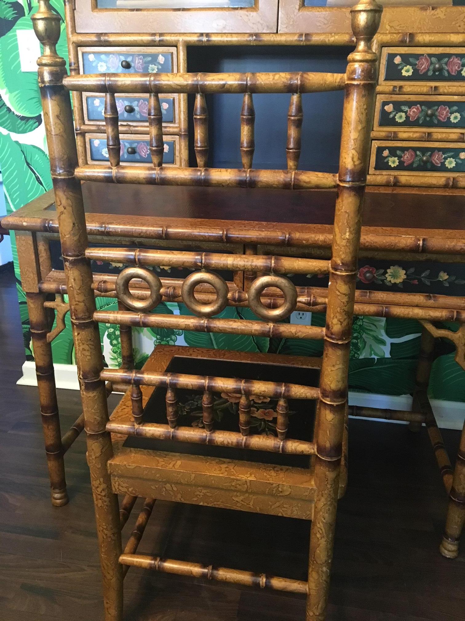 Hand Painted Asian Chinoiserie Secretary Desk and Chair 5