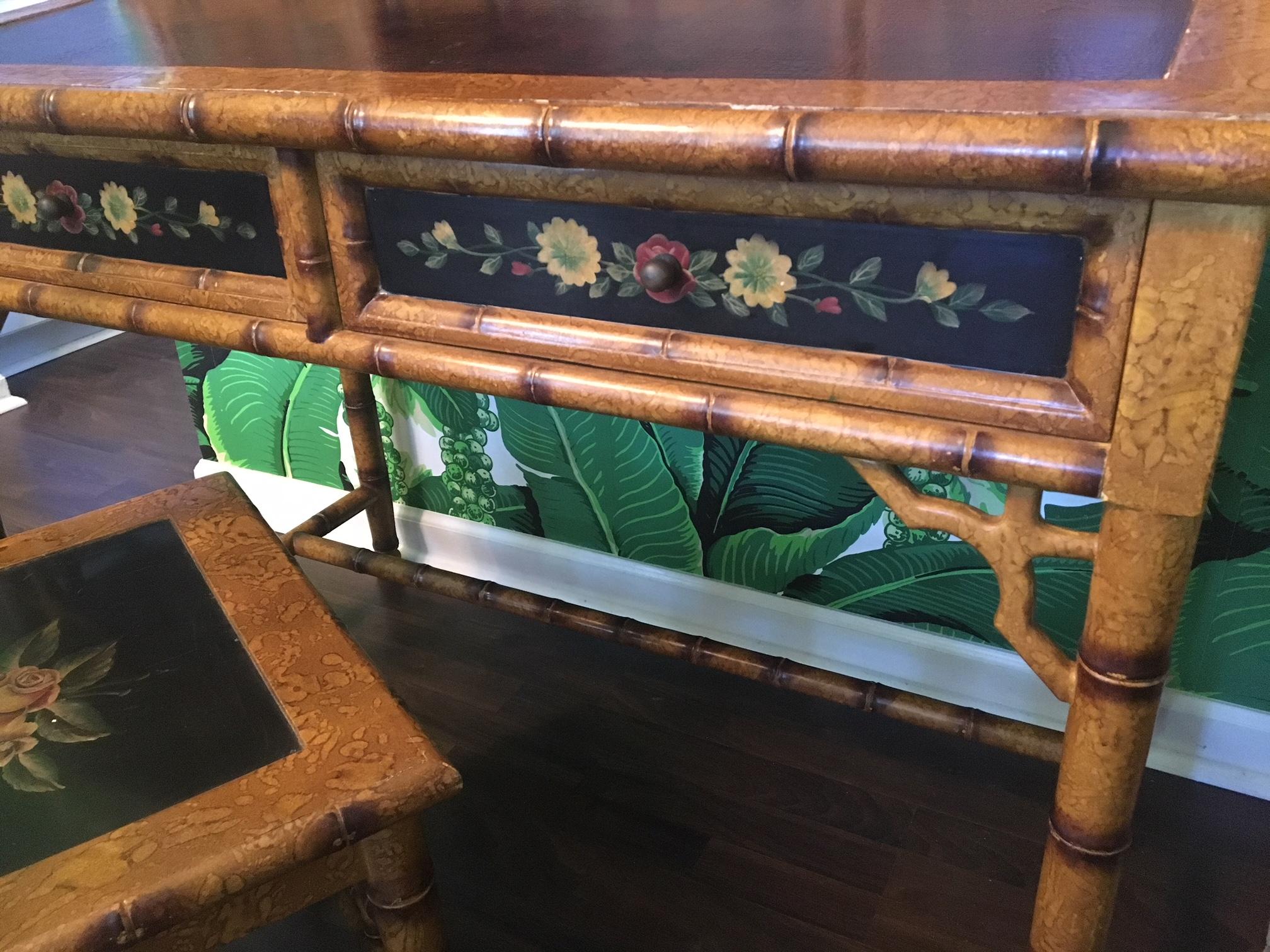 Hand Painted Asian Chinoiserie Secretary Desk and Chair 6