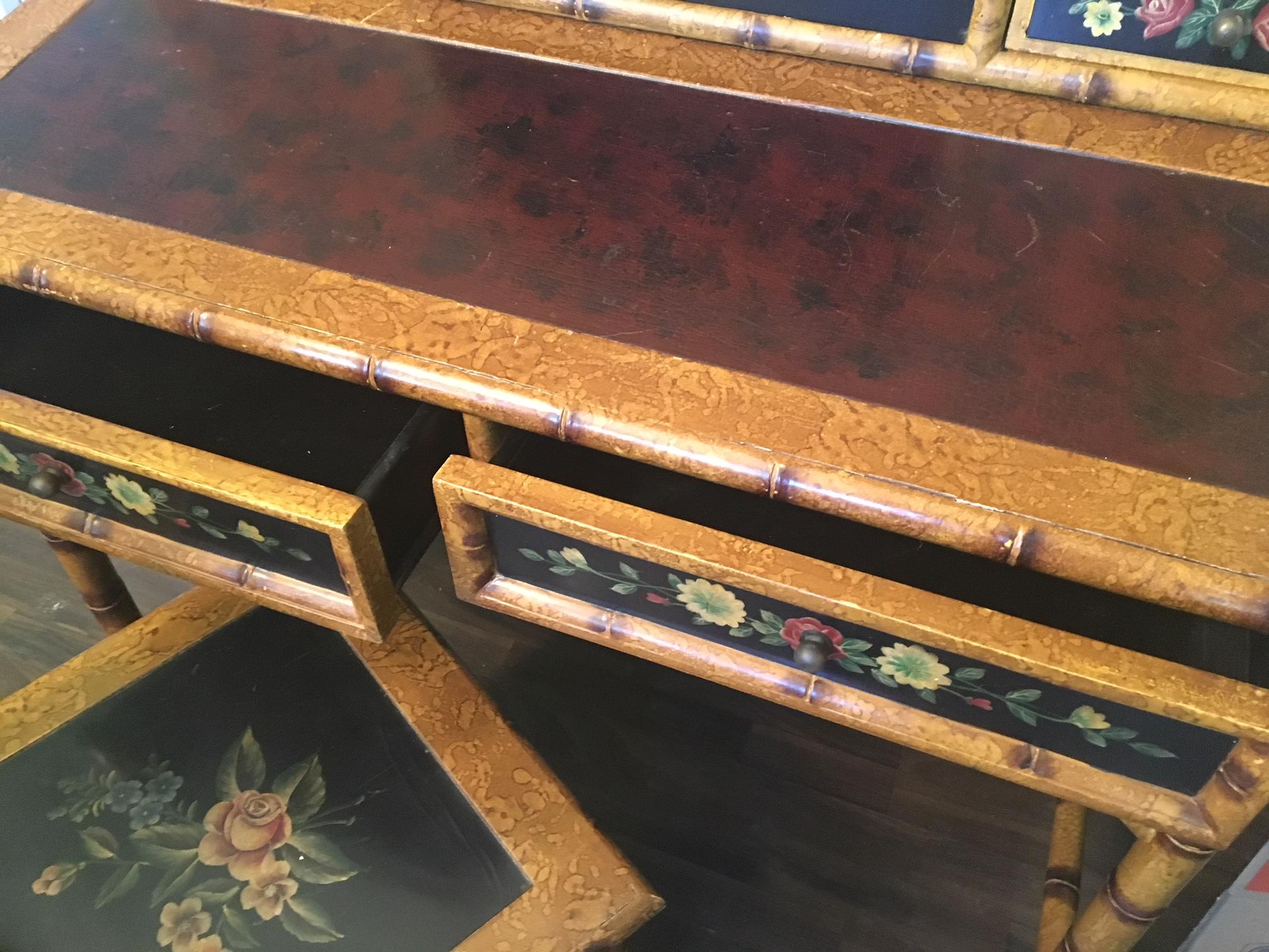 Hand Painted Asian Chinoiserie Secretary Desk and Chair 7