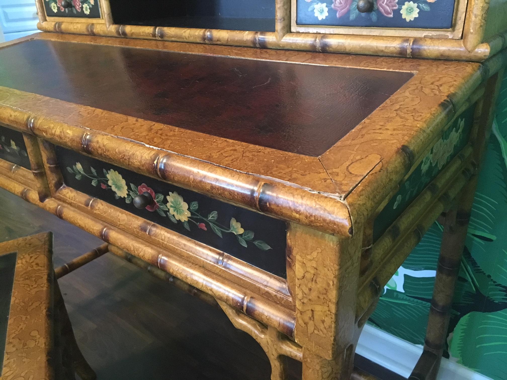 Hand Painted Asian Chinoiserie Secretary Desk and Chair 8