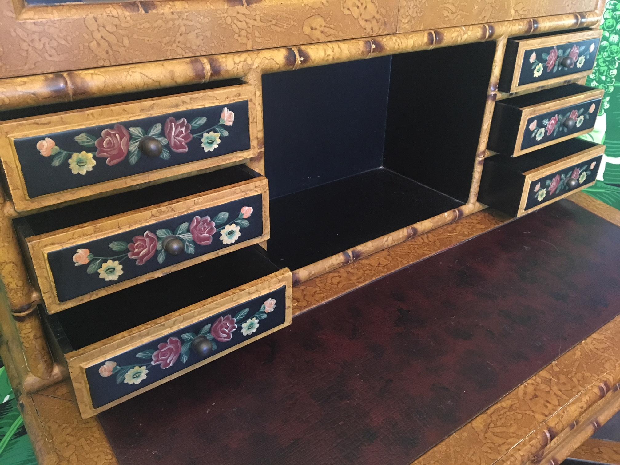 Hand Painted Asian Chinoiserie Secretary Desk and Chair In Good Condition In Jacksonville, FL