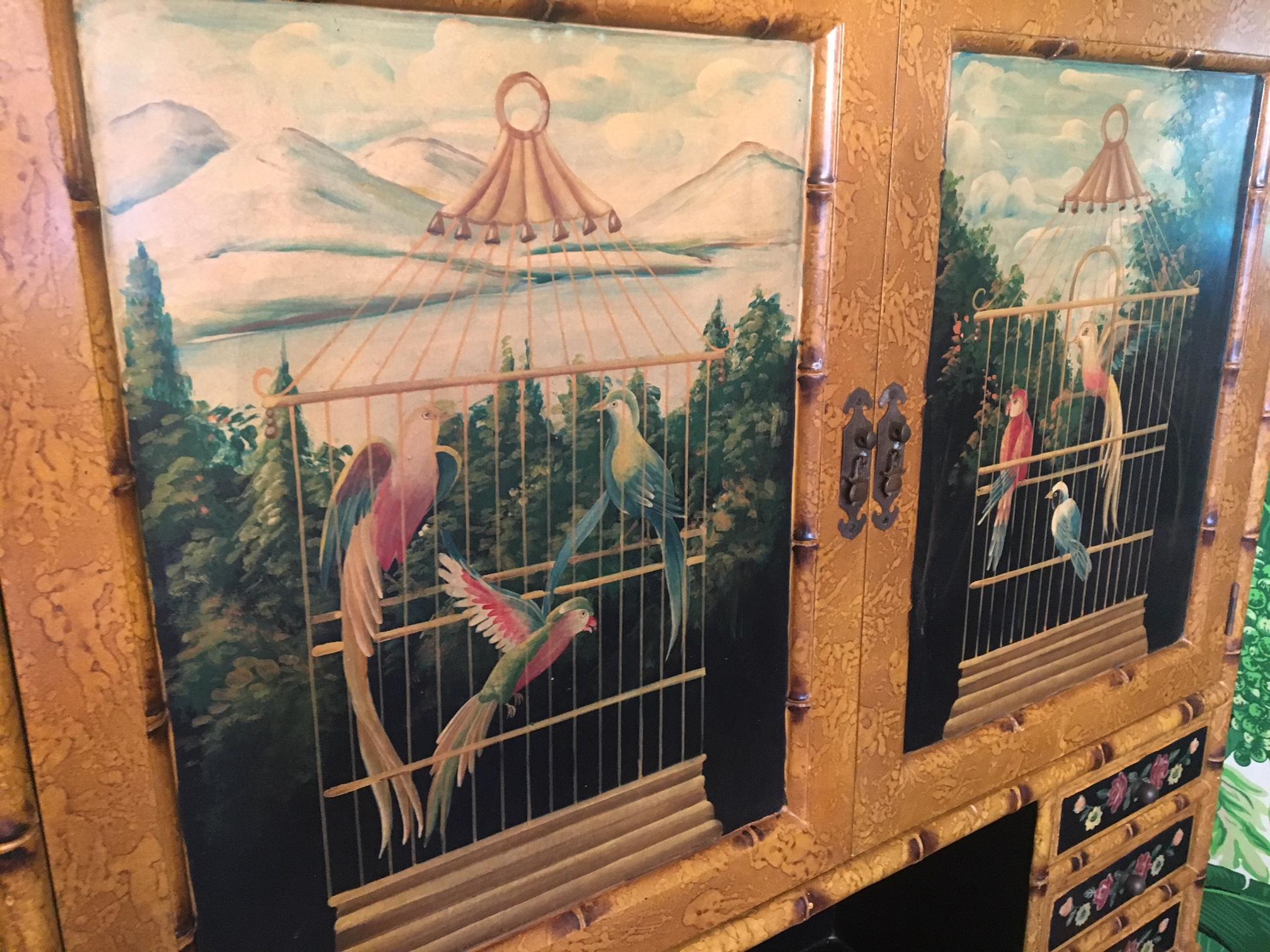 Late 20th Century Hand Painted Asian Chinoiserie Secretary Desk and Chair