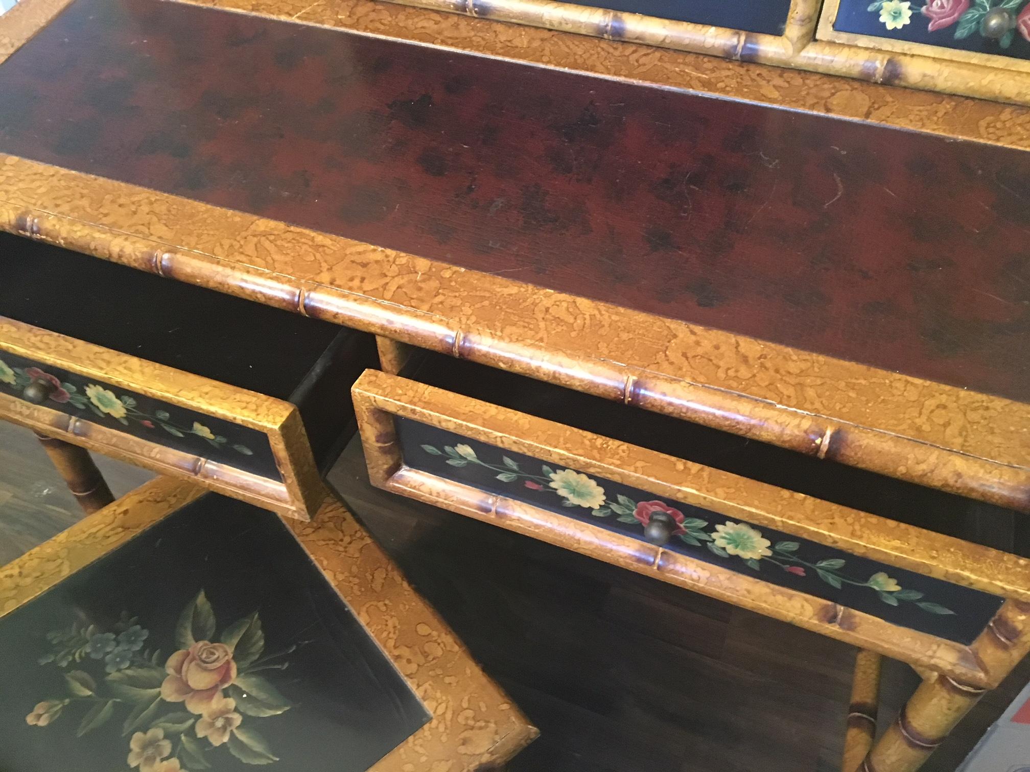 Late 20th Century Hand-Painted Asian Chinoiserie Secretary Desk and Chair