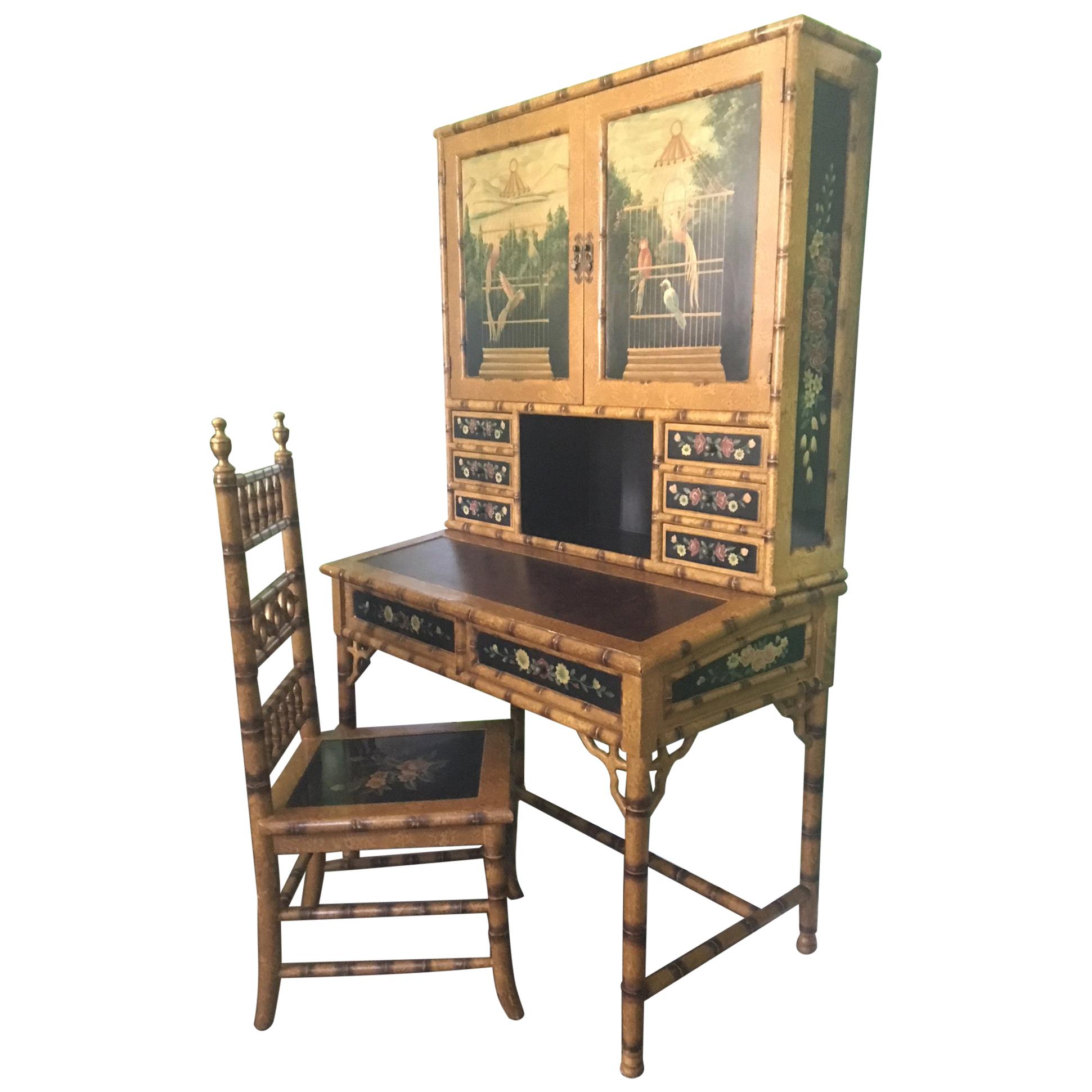 Hand-Painted Asian Chinoiserie Secretary Desk and Chair