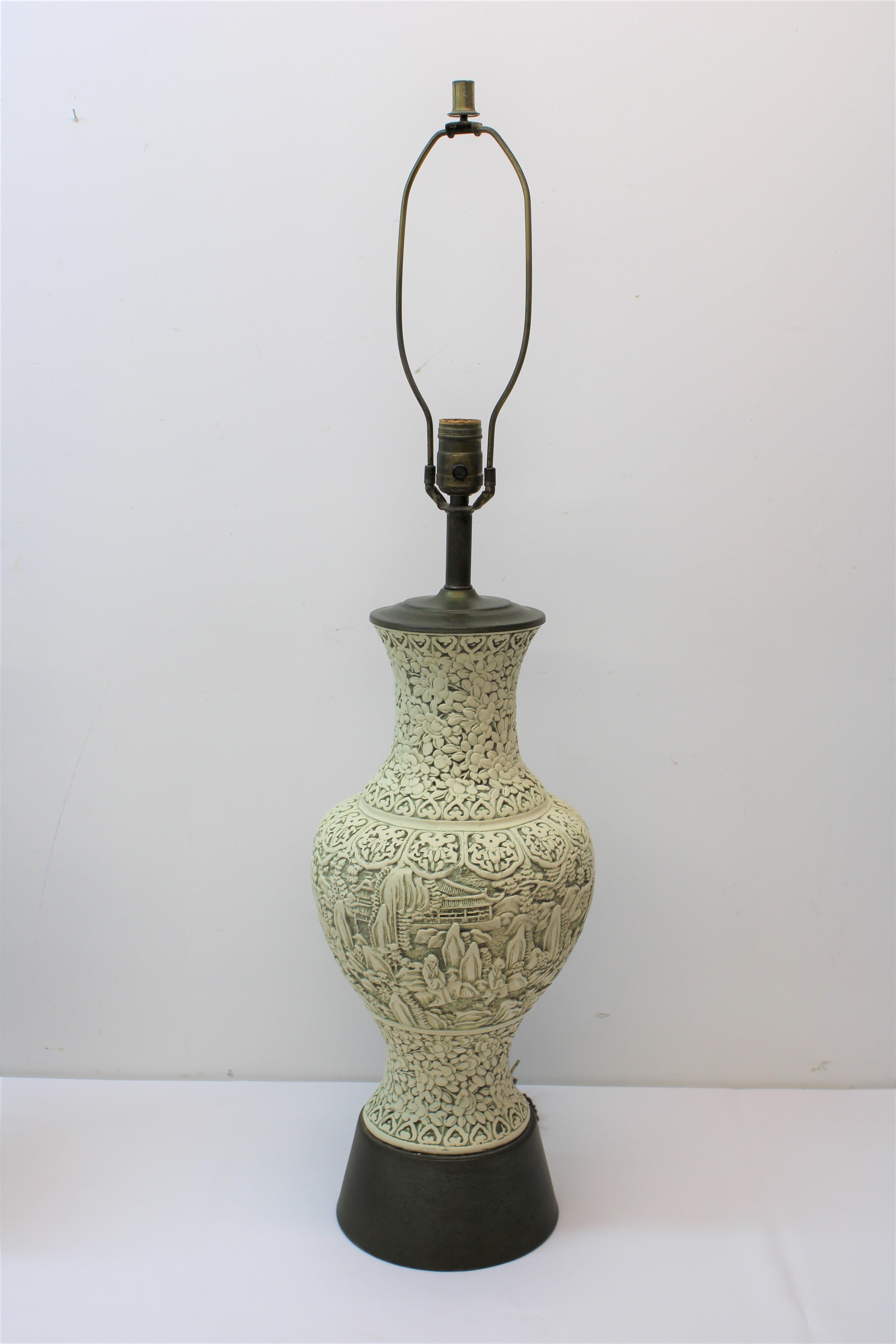 C. 20. Jahrhundert Schöne handbemalte asiatische Porzellanlampen mit geschnitzten Holzsockeln.