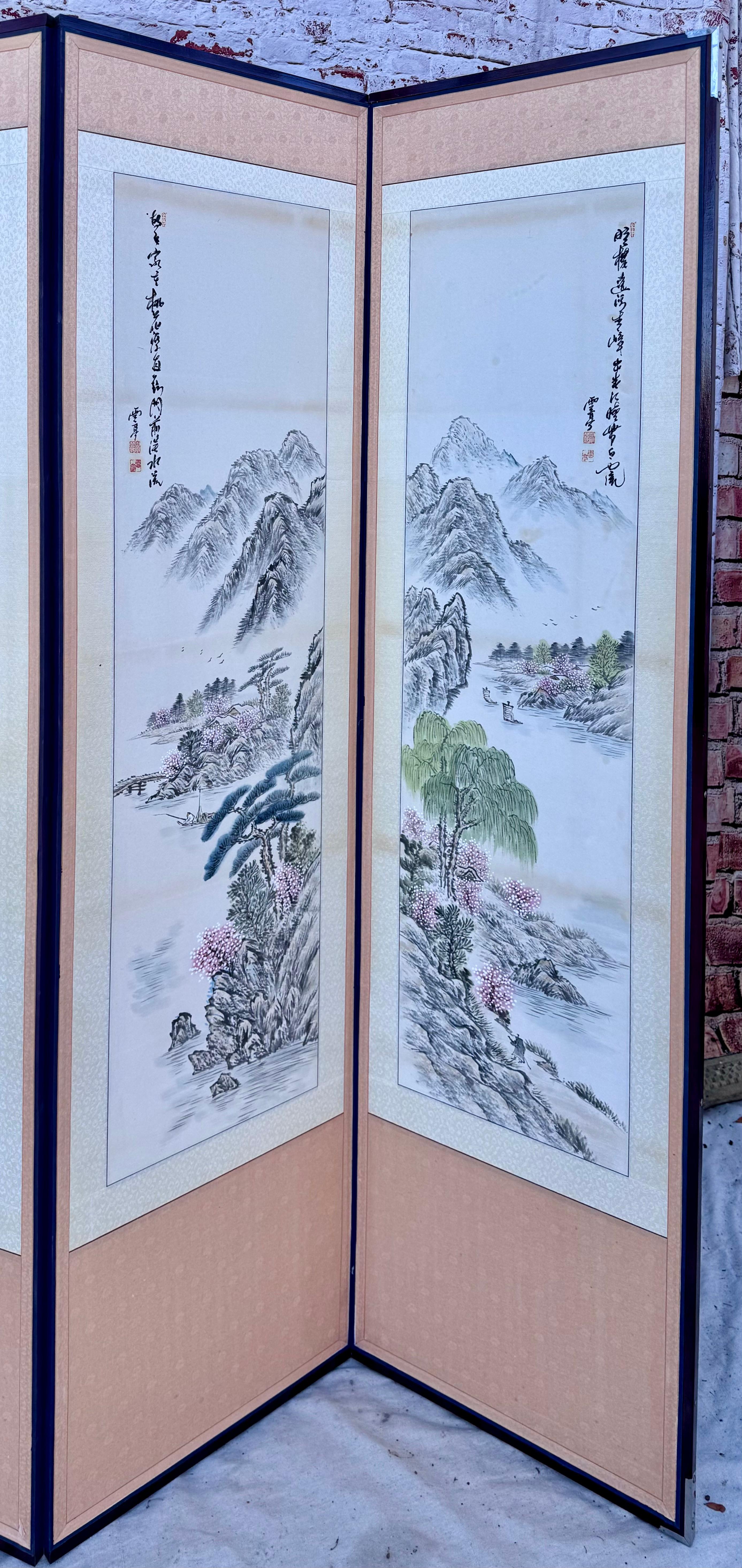 Chinoiserie Hand-Painted Asian Screen, Eight Panels For Sale