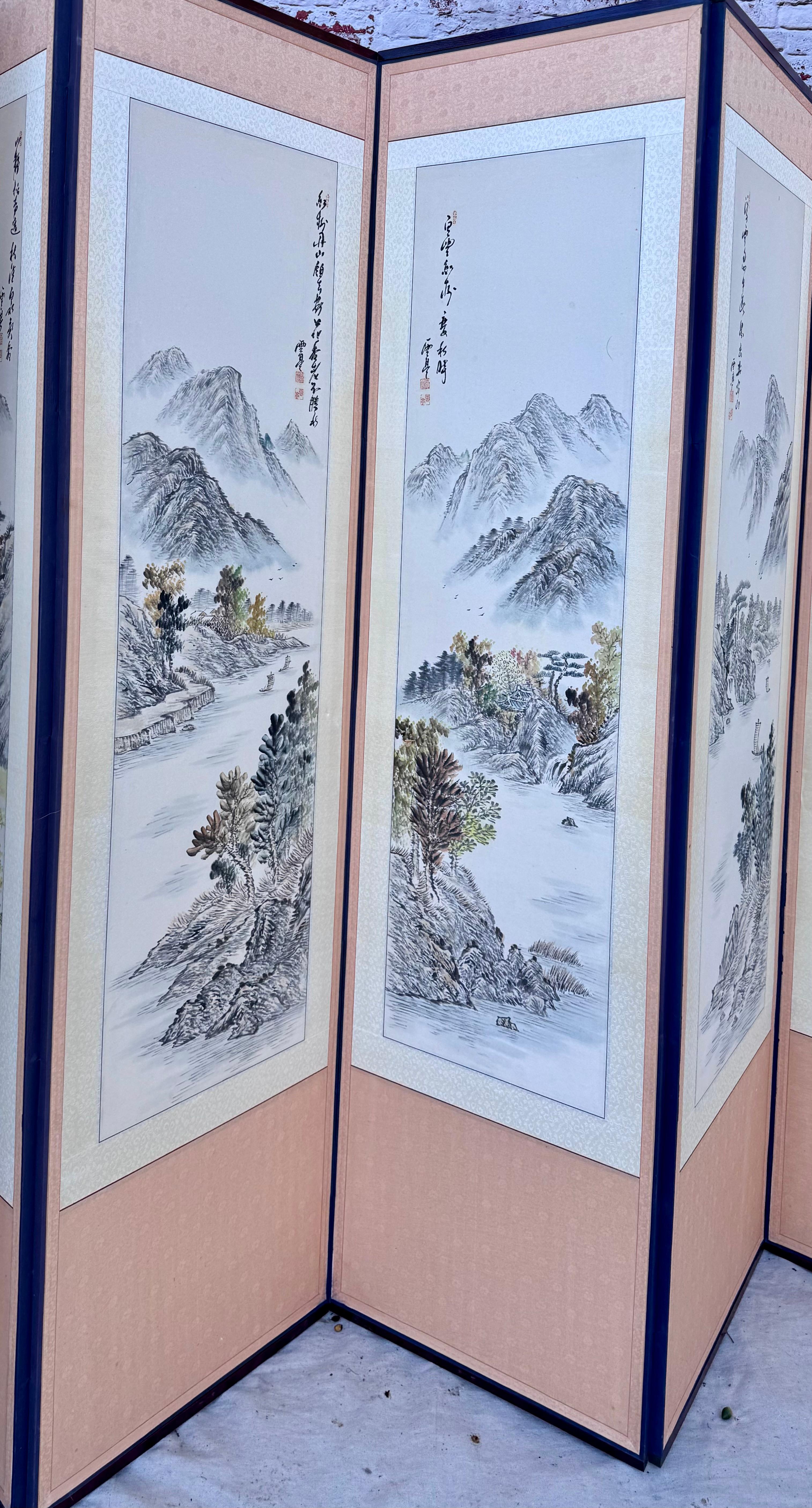 Japanese Hand-Painted Asian Screen, Eight Panels For Sale