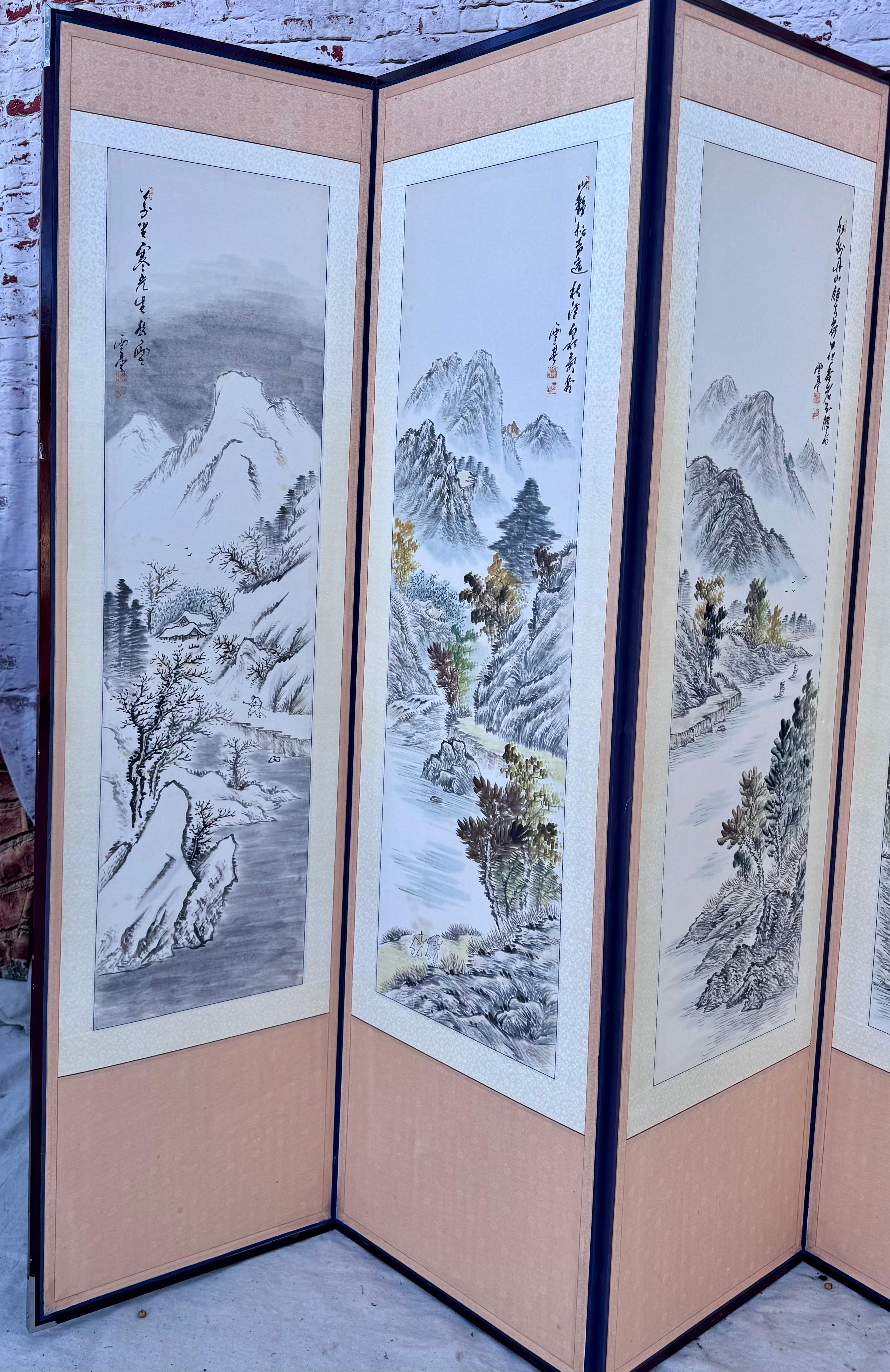Hand-Painted Asian Screen, Eight Panels In Good Condition For Sale In Bradenton, FL
