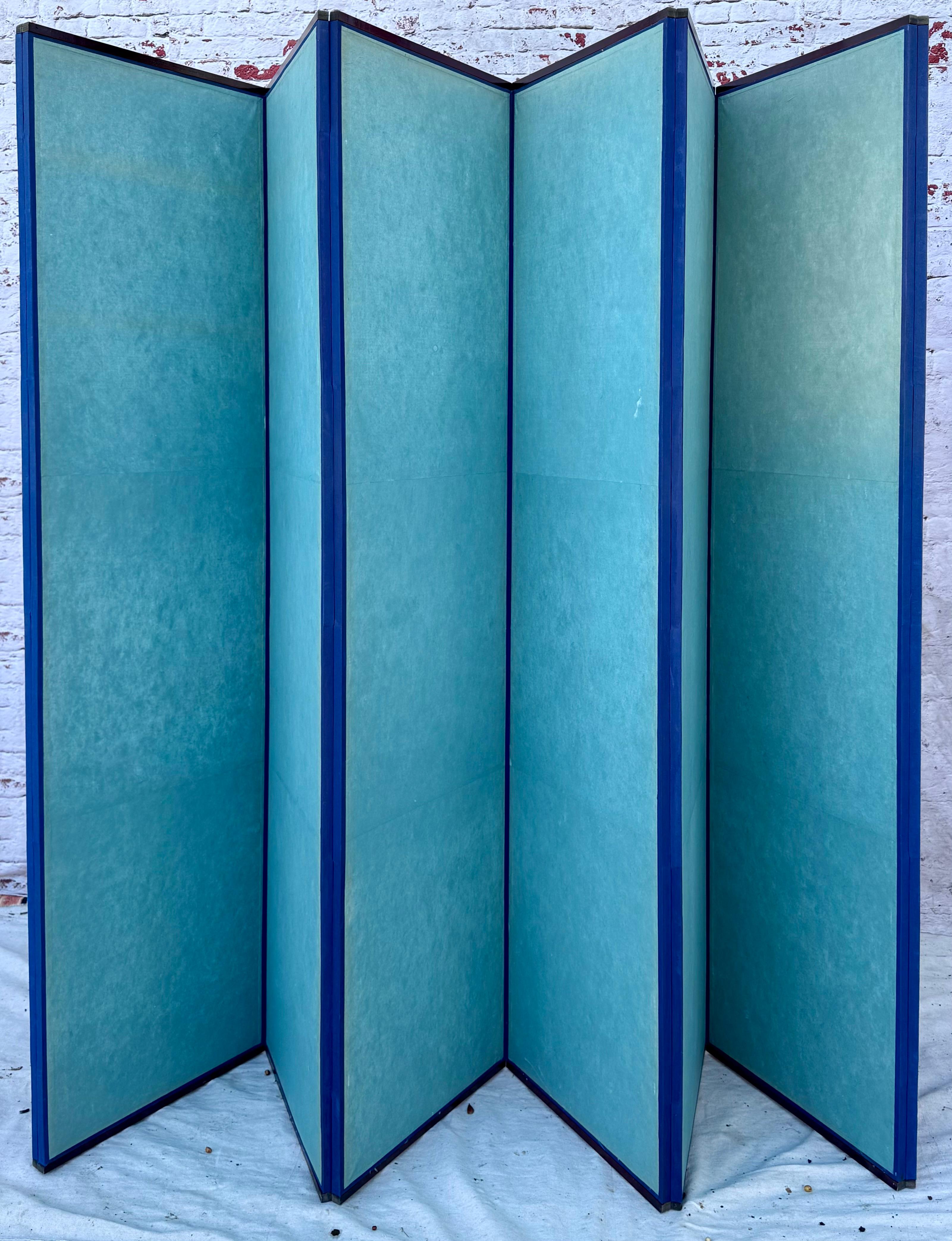 Wood Hand-Painted Asian Screen, Eight Panels For Sale