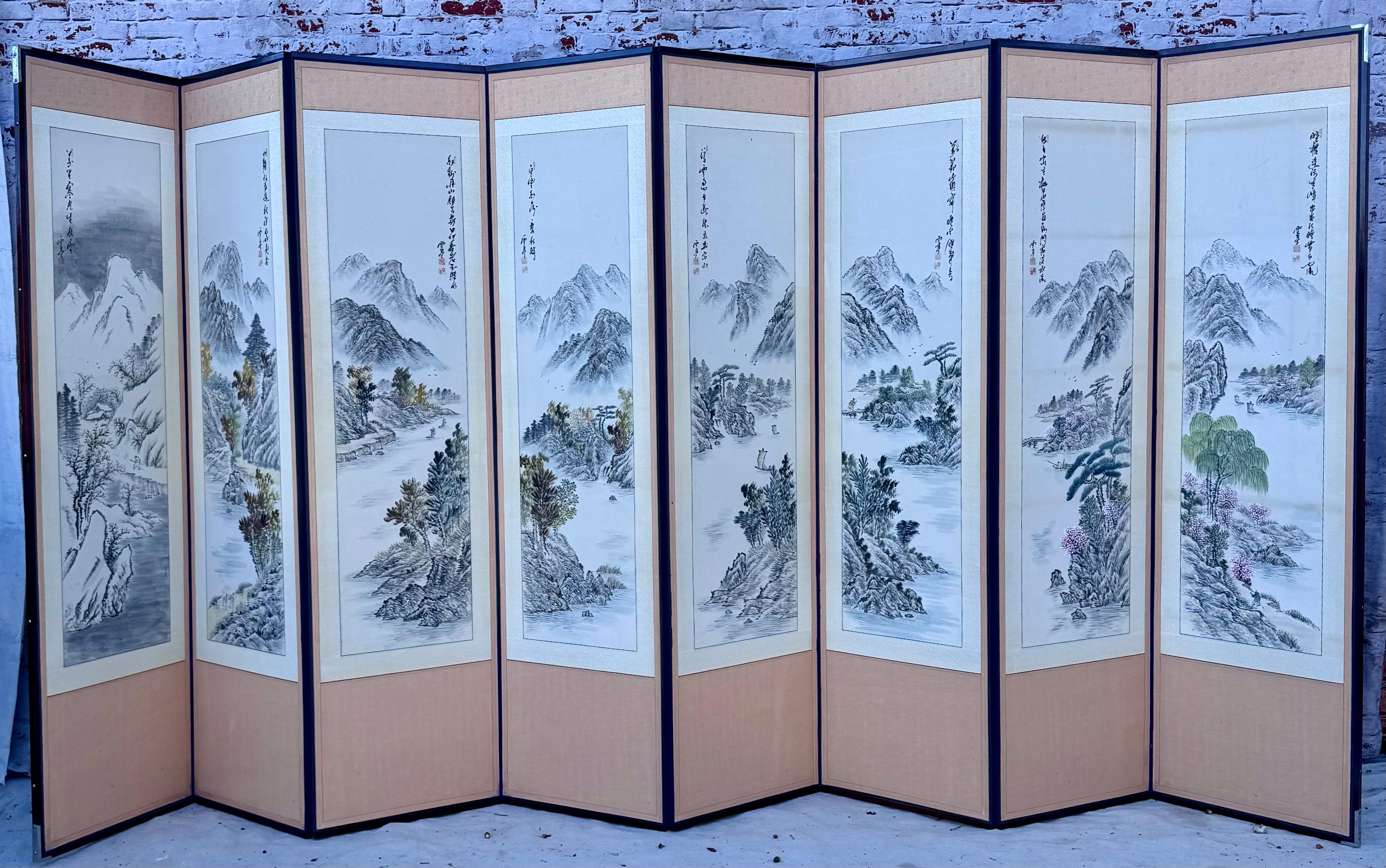 Hand-Painted Asian Screen, Eight Panels For Sale 2