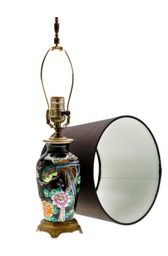 Hand Painted Asian Table Lamp /RH Black Linen Shade