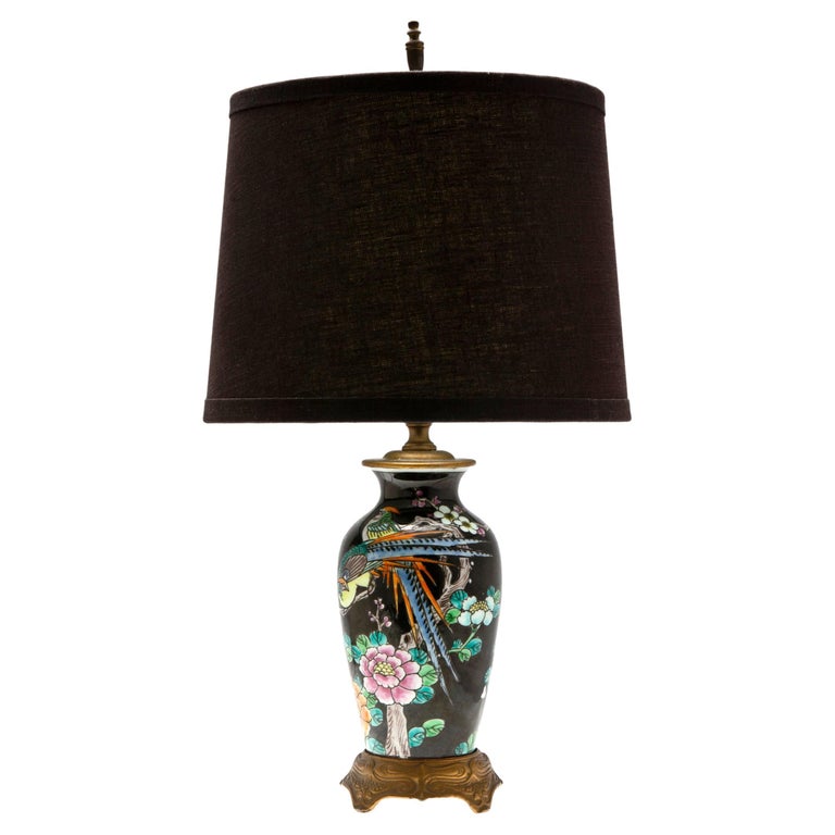 Hand Painted Asian Table Lamp /RH Black Linen Shade For Sale at 1stDibs